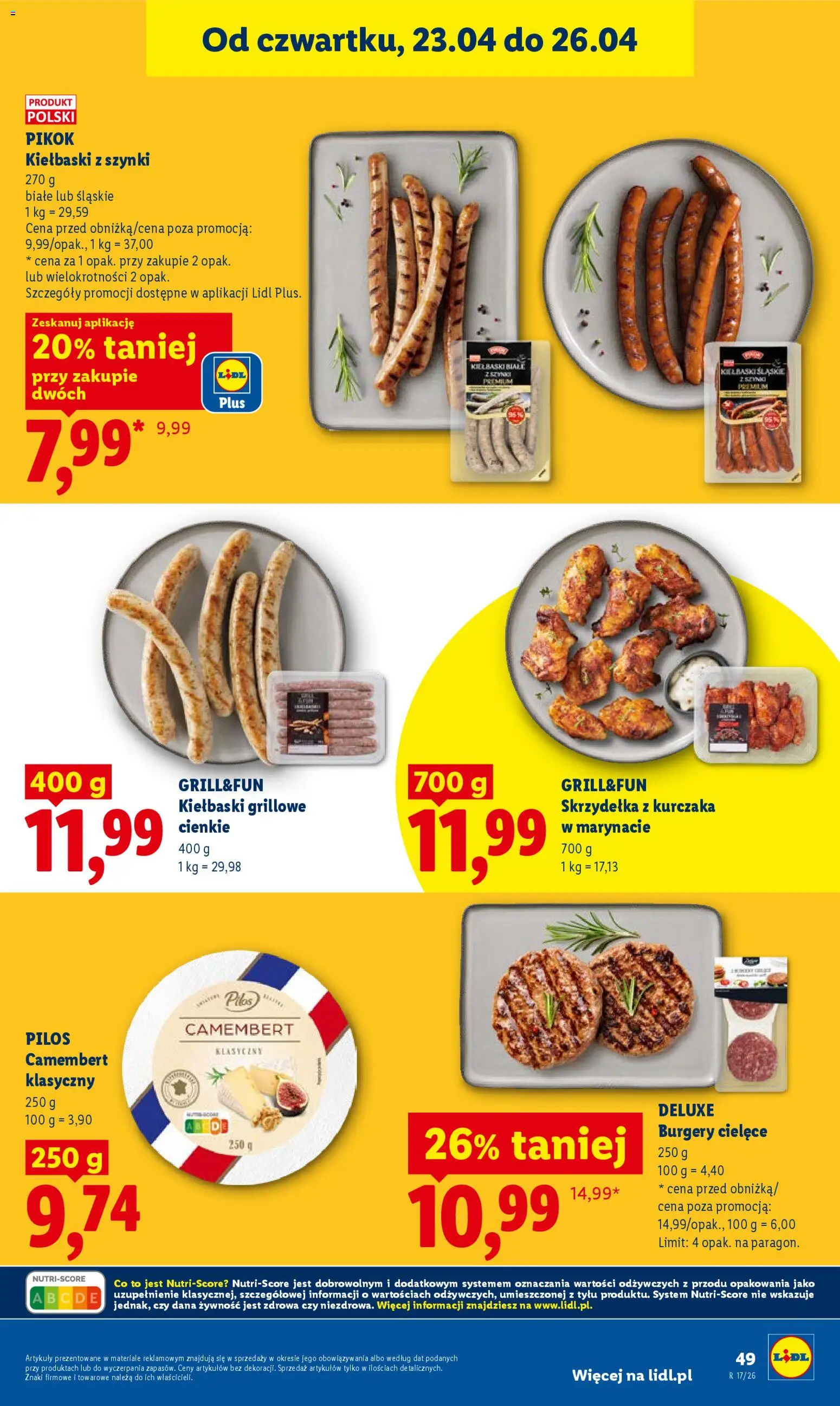Lidl gazetka od 23.04.2026 | Strona: 49 | Produkty: Skrzydełka z kurczaka, Kiełbaski, Camembert