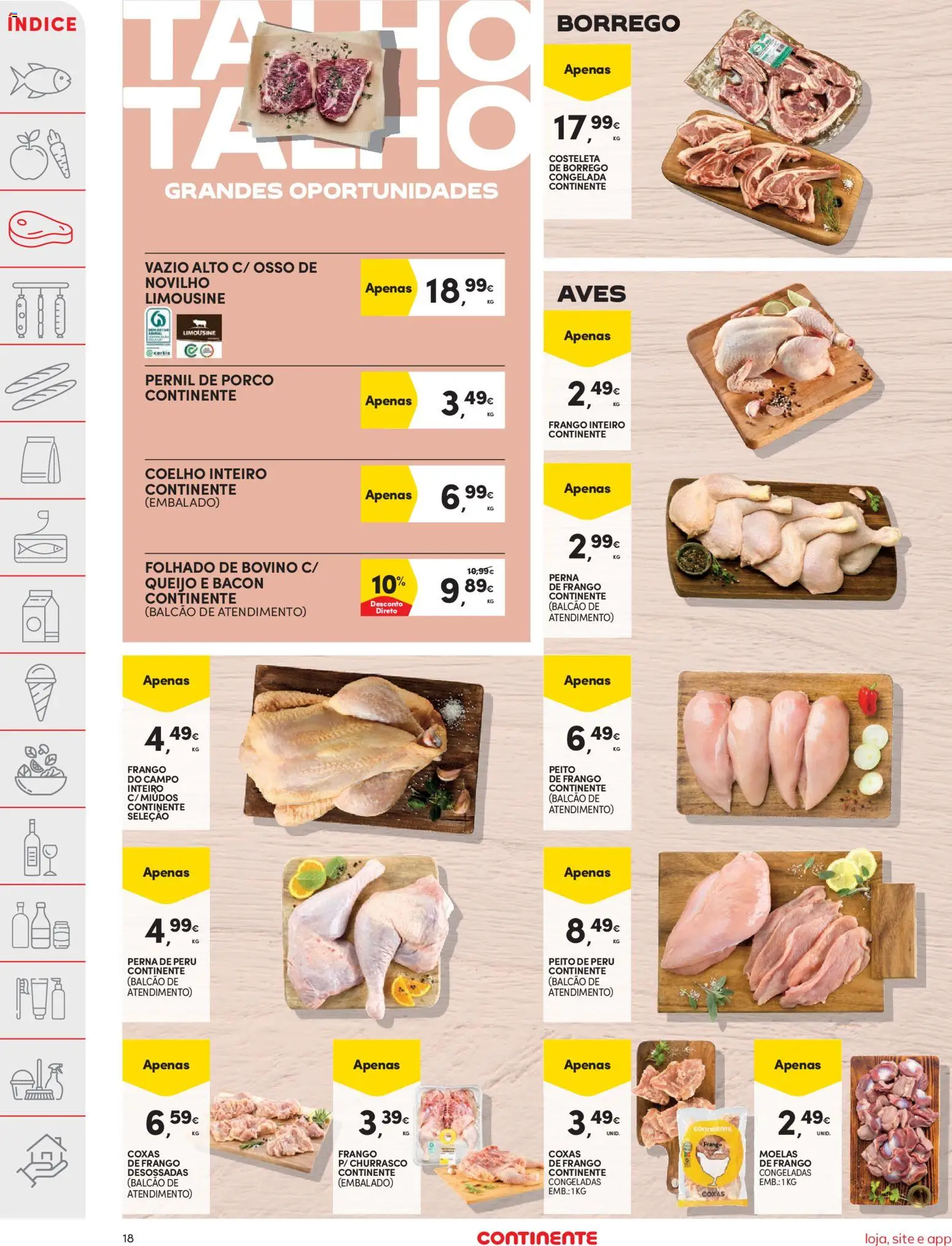 Continente folheto │ válido de 03.03.2026 | Página: 18 | Produtos: Peito de frango, Pernil, Queijo, Moelas
