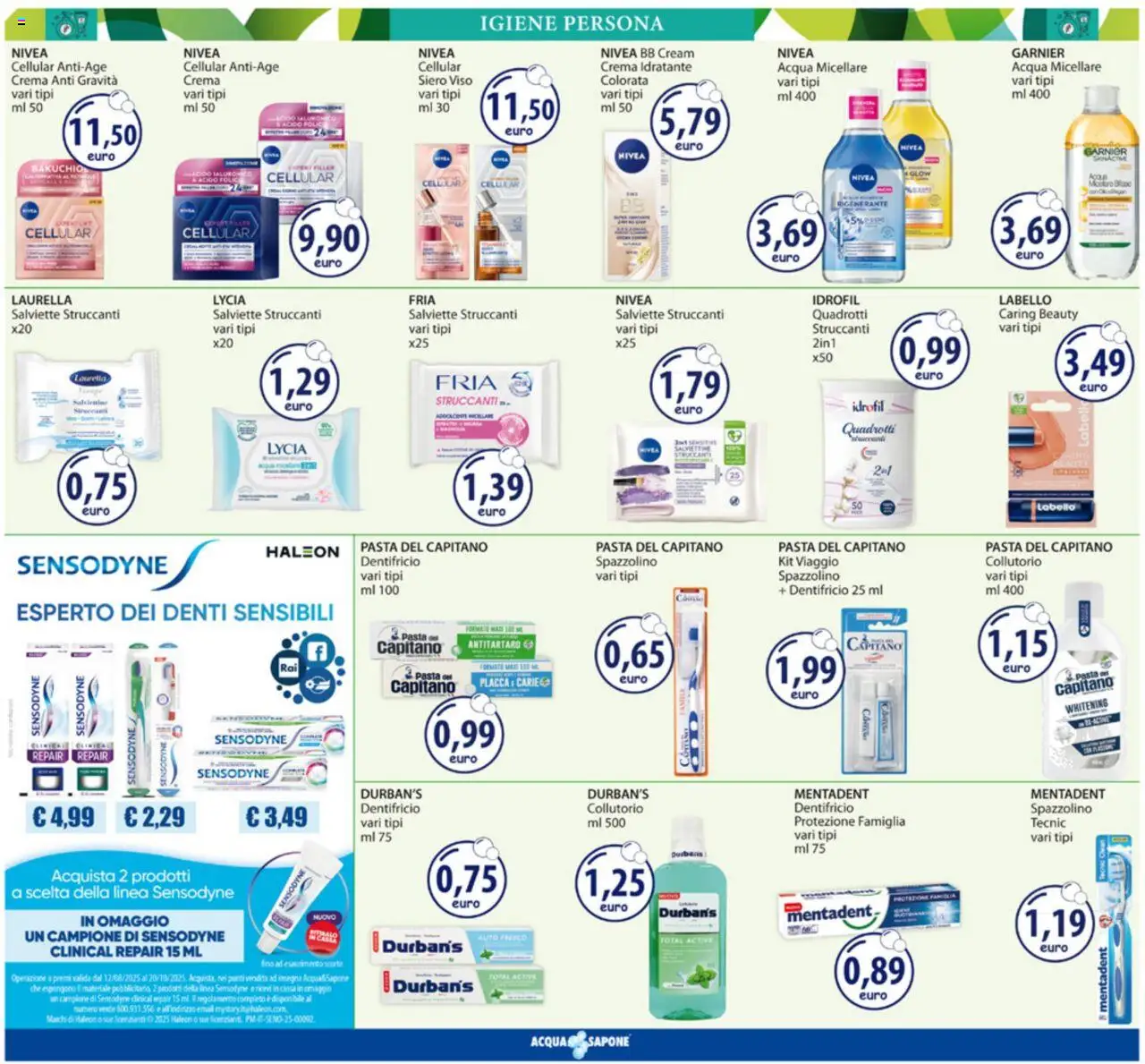 Volantino Acqua e Sapone del 25.08.2025 | Pagina: 8 | Prodotti: Salviette struccanti, Spazzolino, Collutorio, Acqua