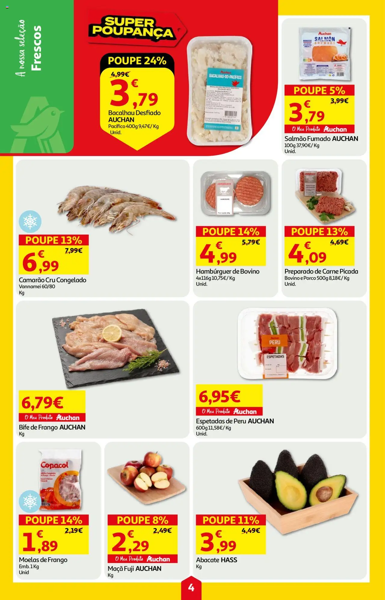 Auchan folheto │ válido de 14.08.2025 | Página: 4 | Produtos: Bacalhau, Camarão, Carne picada, Abacate