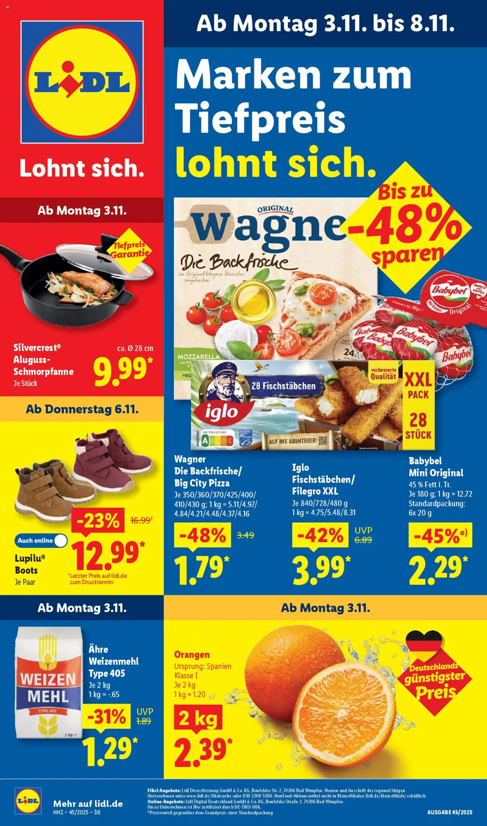 Lidl - Prospekt – gültig ab 03.11.2025 | Seite: 1 | Produkte: Mozzarella, Iglo, Bad, Babybel