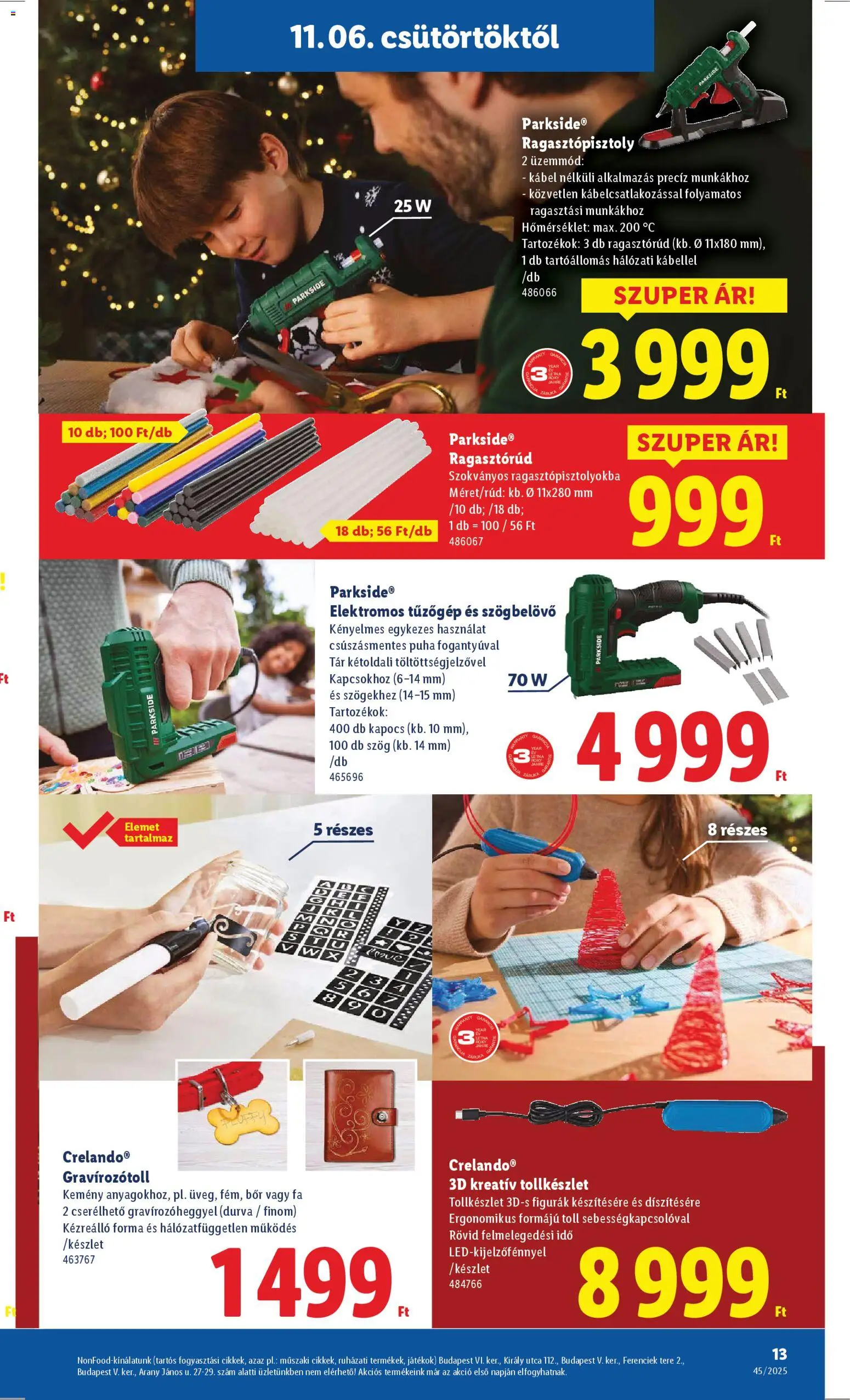 Lidl akciós ujság - amely érvényes a következő dátumtól: 06.11.2025 | Oldal: 13 | Termékek: Parkside, Ragasztópisztoly, Játékok, Bor