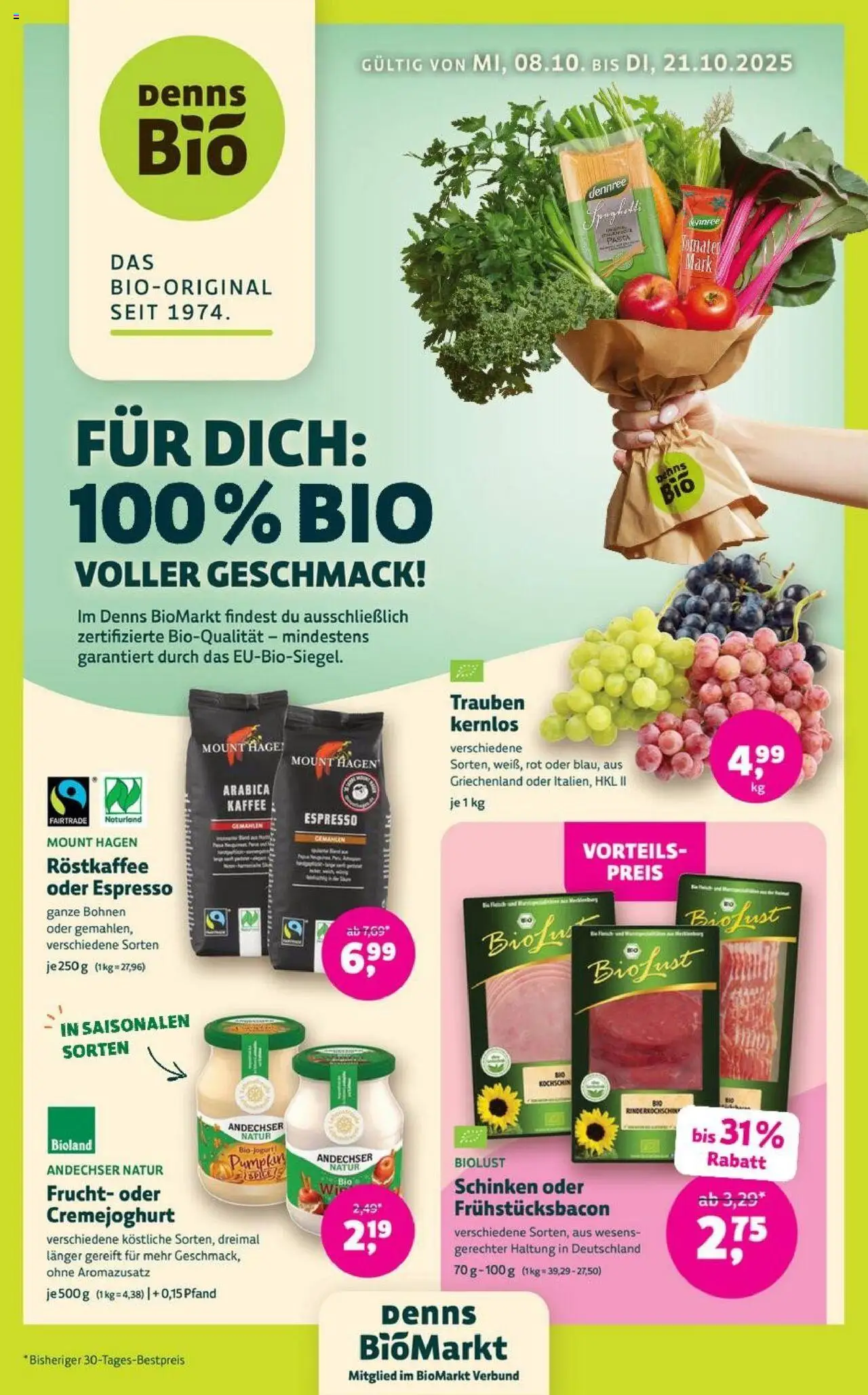 Denns BioMarkt Angebote – gültig ab 08.10.2025 | Seite: 1 | Produkte: Trauben, Kaffee, Pasta, Schinken