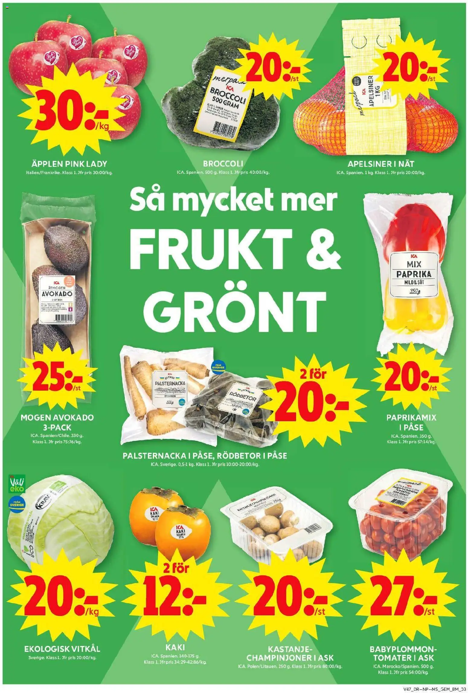 ICA Maxi reklamblad aktuell från 17.11.2025 | Sida: 3 | Produkter: Vitkål, Champinjoner, Apelsiner, Tomater