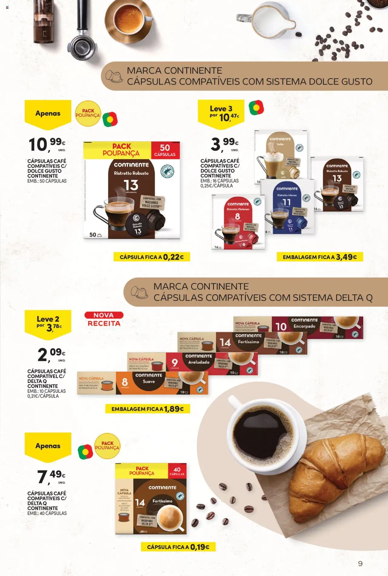 Continente - Bebidas Quentes │ válido de 14.10.2025 | Página: 9 | Produtos: Delta q, Cápsulas café, Café, Dolce gusto