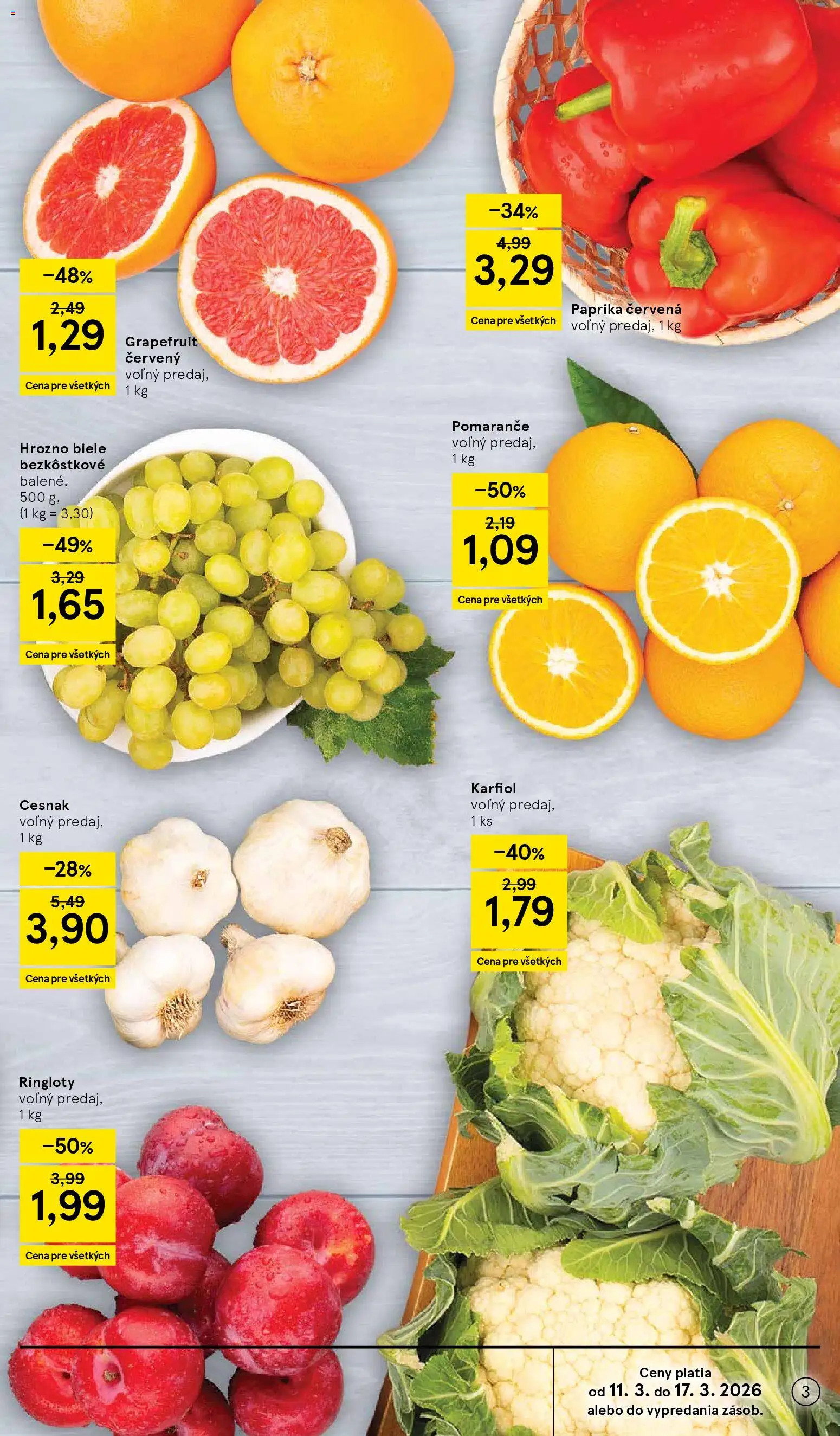 Nové Tesco akcie – leták je platný od 11.03.2026 | Strana: 3 | Produkty: Paprika, Pomaranče, Karfiol, Grapefruit