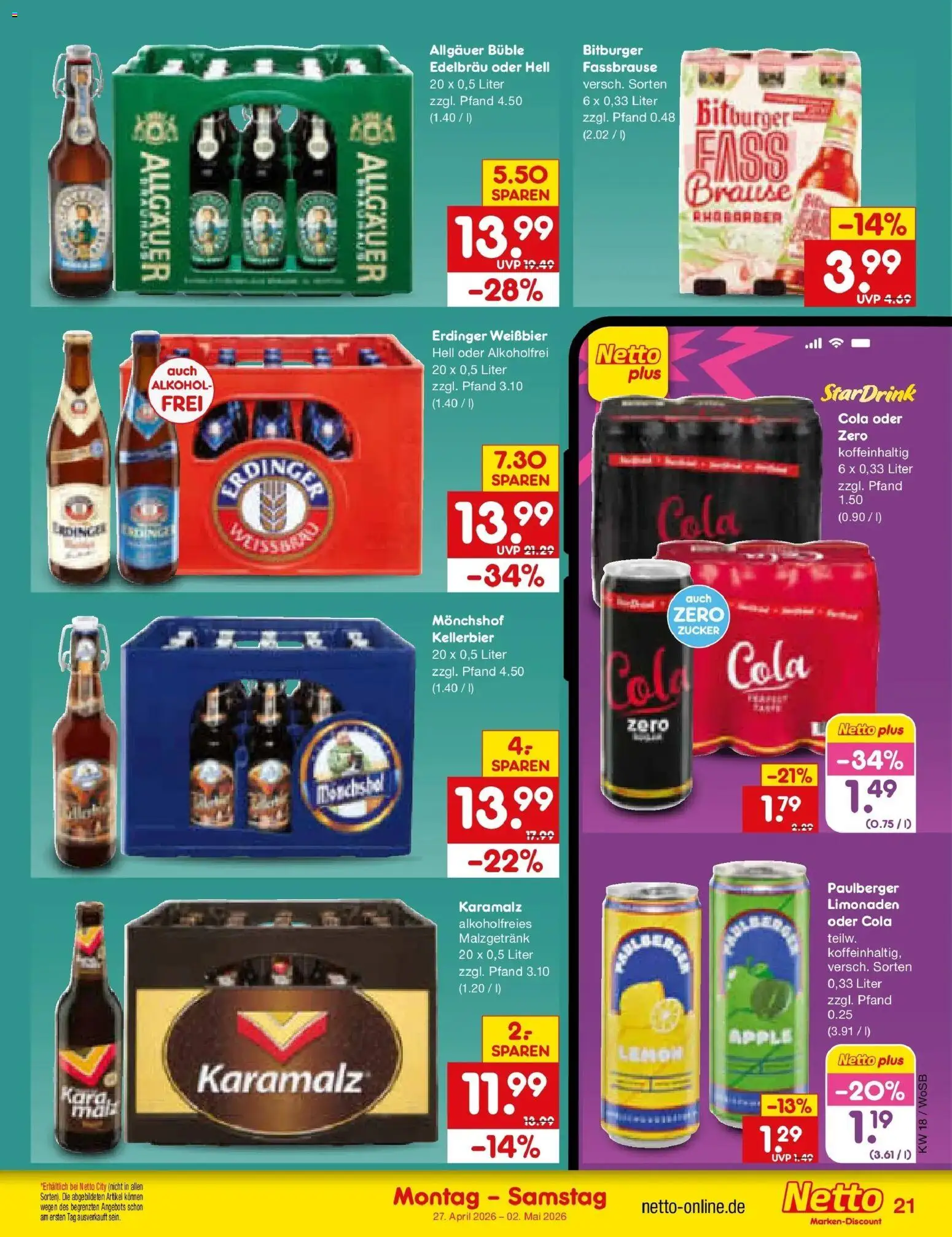 Netto Marken-Discount Prospekt Mannheim	 – gültig ab 27.04.2026 | Seite: 25 | Produkte: Bitburger, Monchshof, Weißbier, Rhabarber