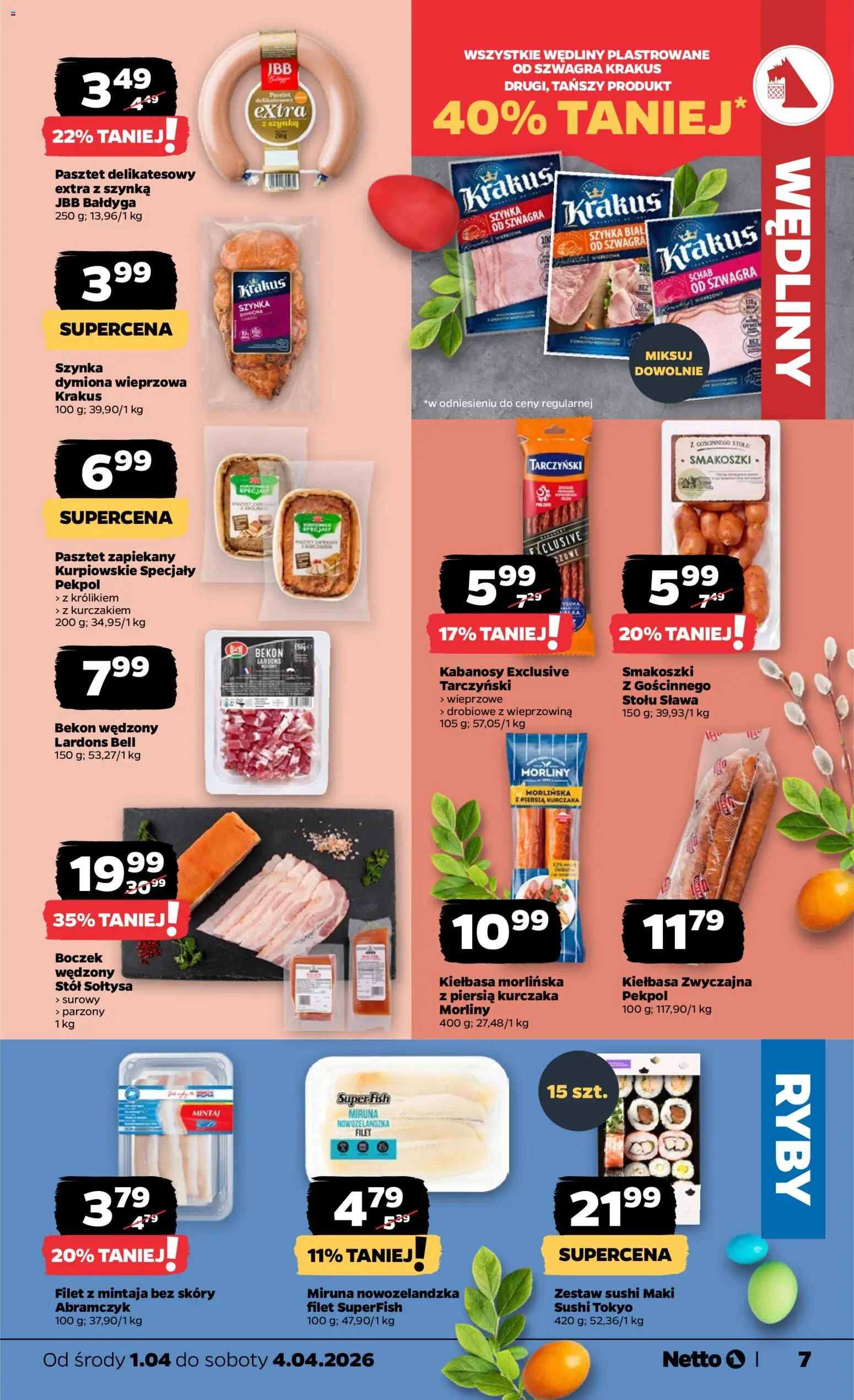 Netto gazetka od środy spożywcza od 01.04.2026 | Strona: 7 | Produkty: Kiełbasa, Schab, Bekon, Ryby