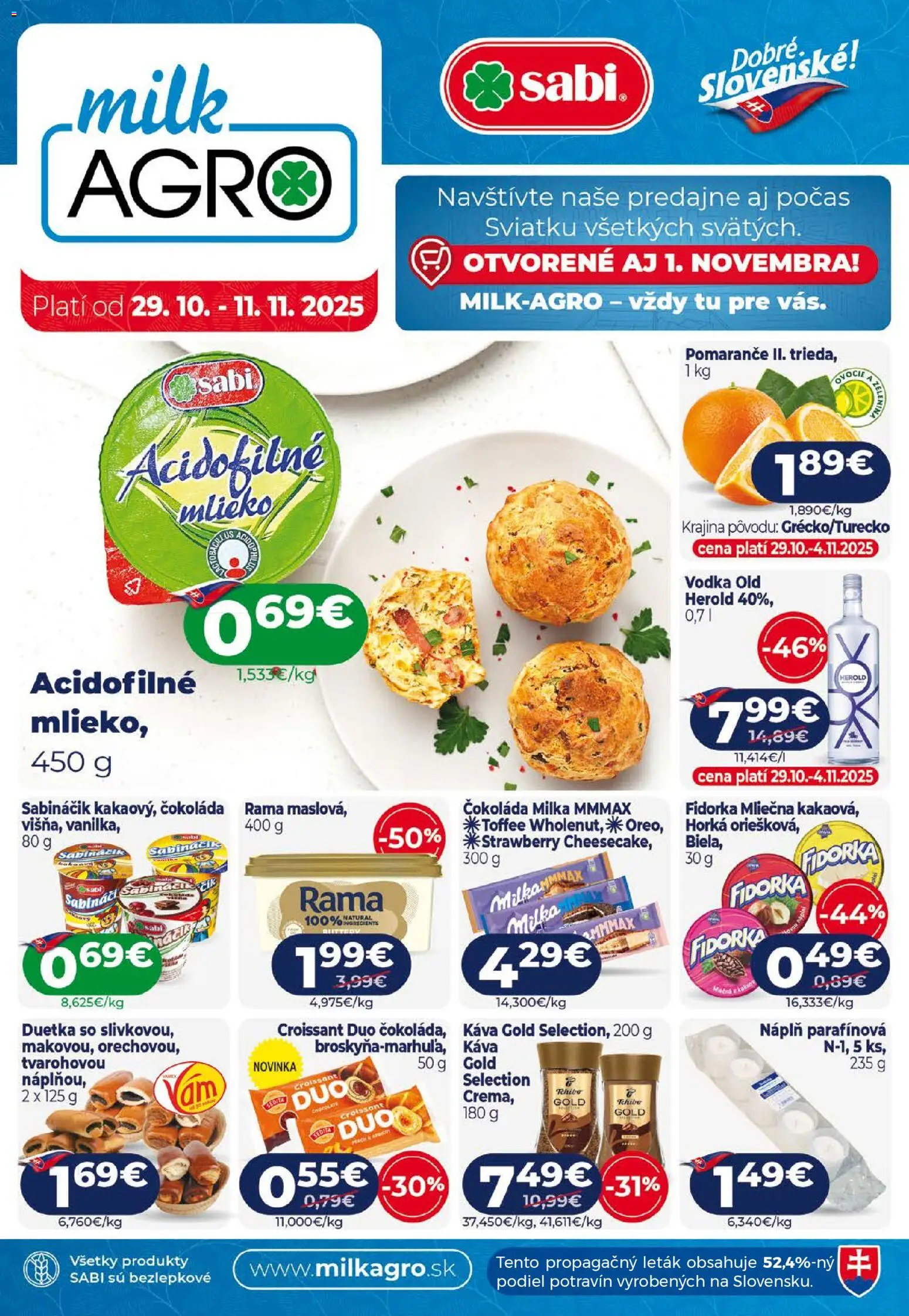 Nové Milk Agro akcie – leták je platný od 29.10.2025 | Strana: 1 | Produkty: Mlieko, Croissant, Čokoláda, Vodka