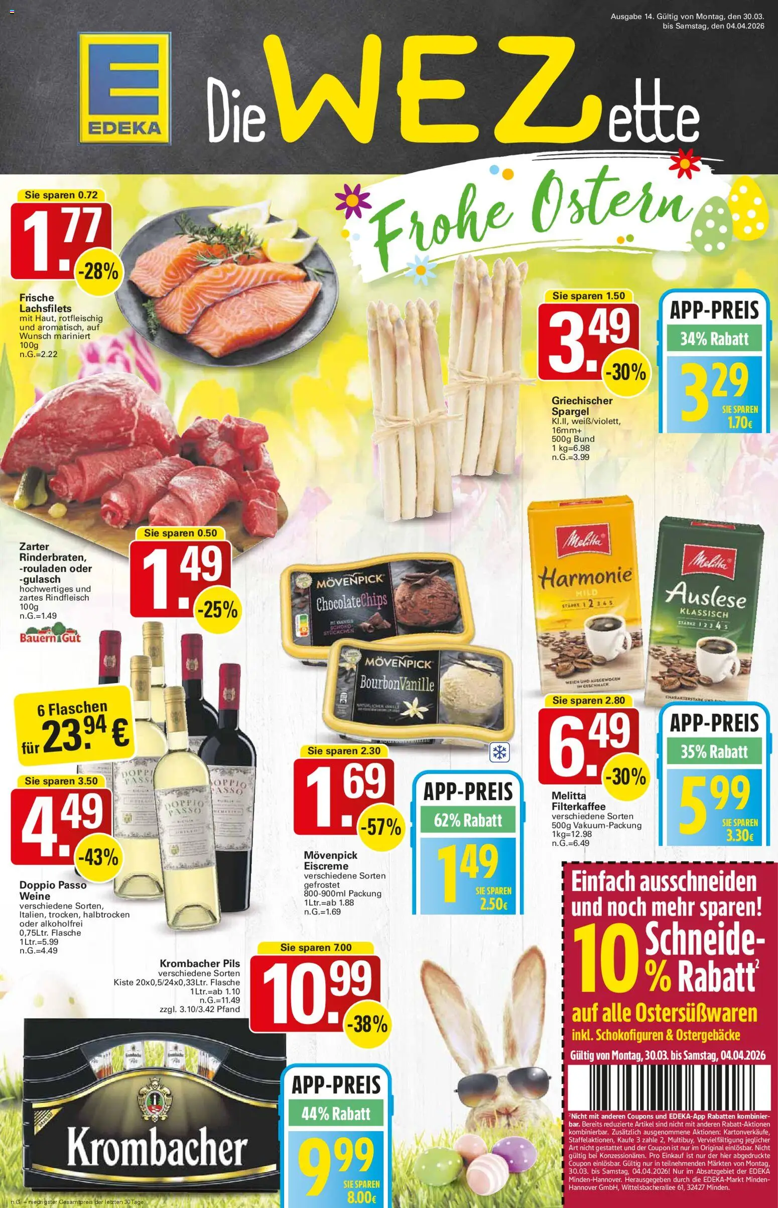 WEZ Prospekt 	 – gültig ab 30.03.2026 | Seite: 1 | Produkte: Pils, Eiscreme, Doppio Passo, Krombacher