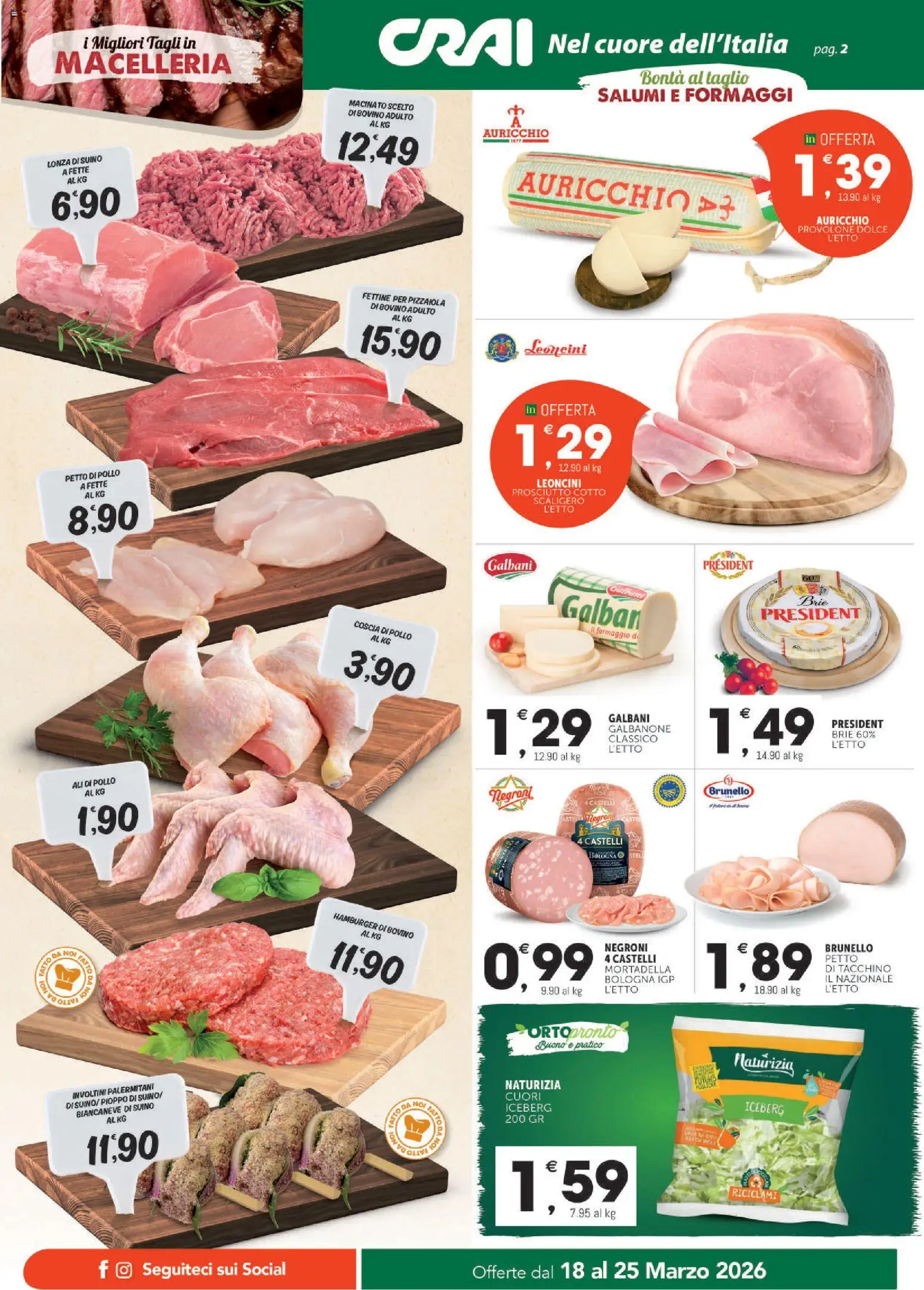 Volantino CRAI del 18.03.2026 | Pagina: 2 | Prodotti: Prosciutto Cotto, Suino, Tacchino, Hamburger