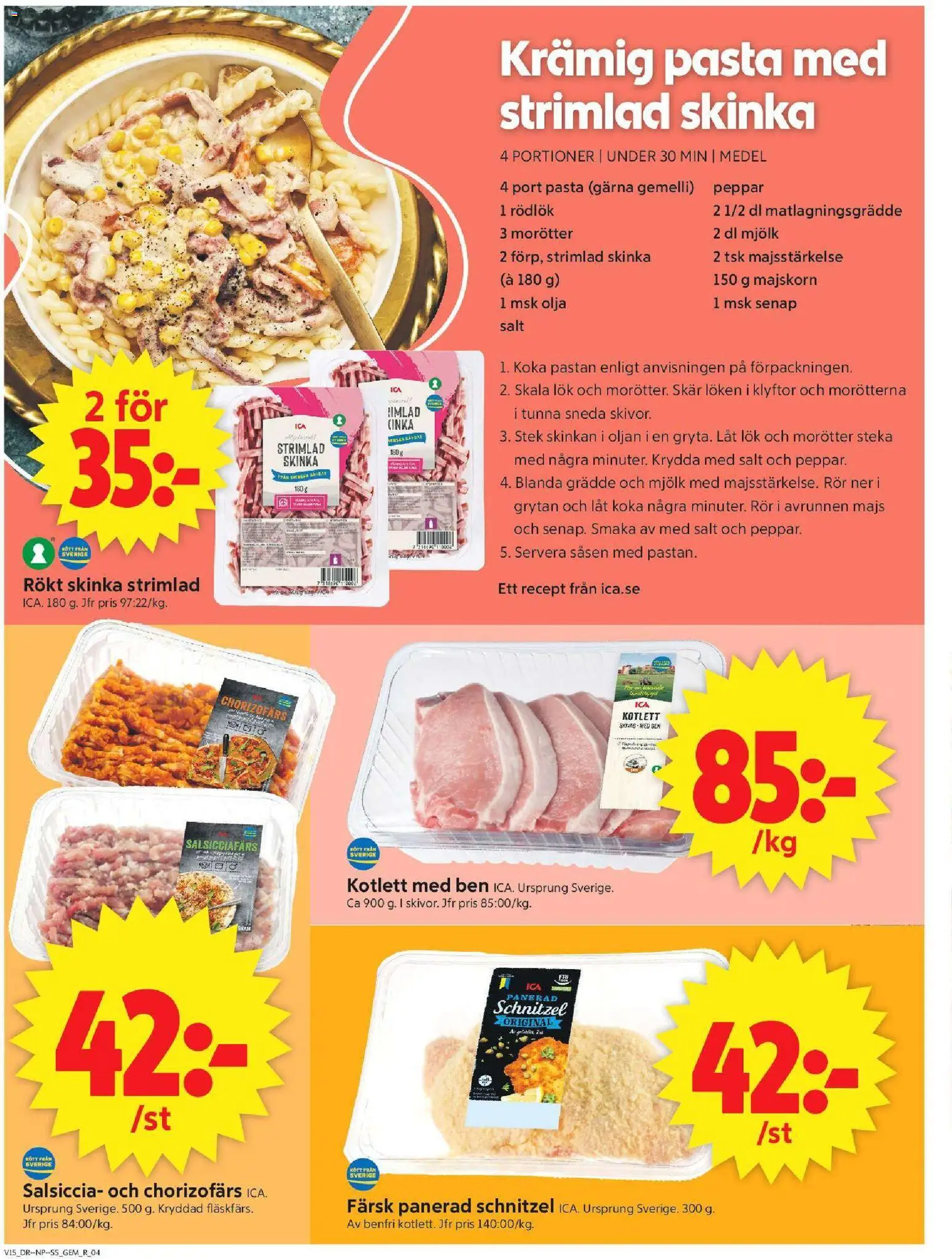 ICA Supermarket reklamblad aktuell från 06.04.2026 | Sida: 4 | Produkter: Gem, Rödlök, Pasta, Matlagningsgrädde