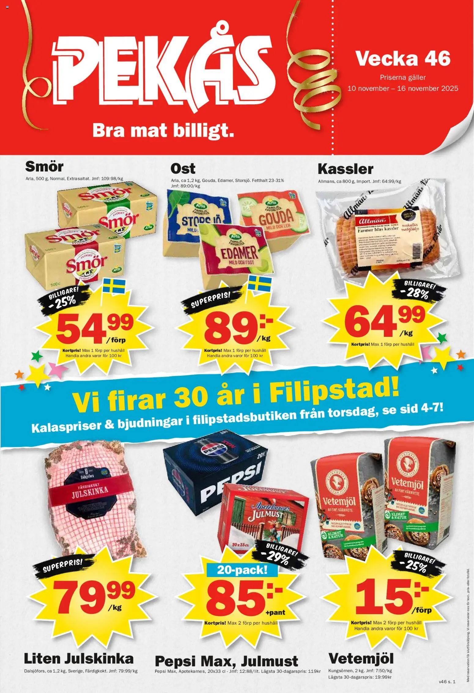 Pekås reklamblad aktuell från 10.11.2025 | Sida: 1 | Produkter: Kassler, Galler, Pepsi, Smör