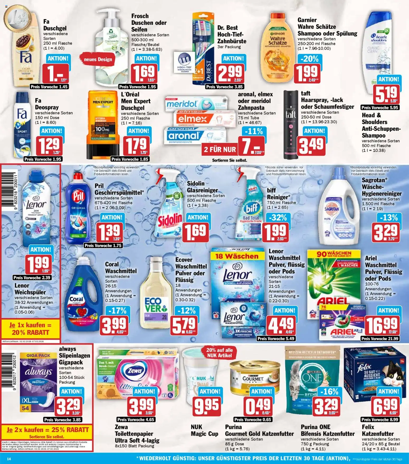 HIT Prospekt 	 – gültig ab 02.02.2026 | Seite: 14 | Produkte: Purina one, Lenor, Waschmittel, Deospray