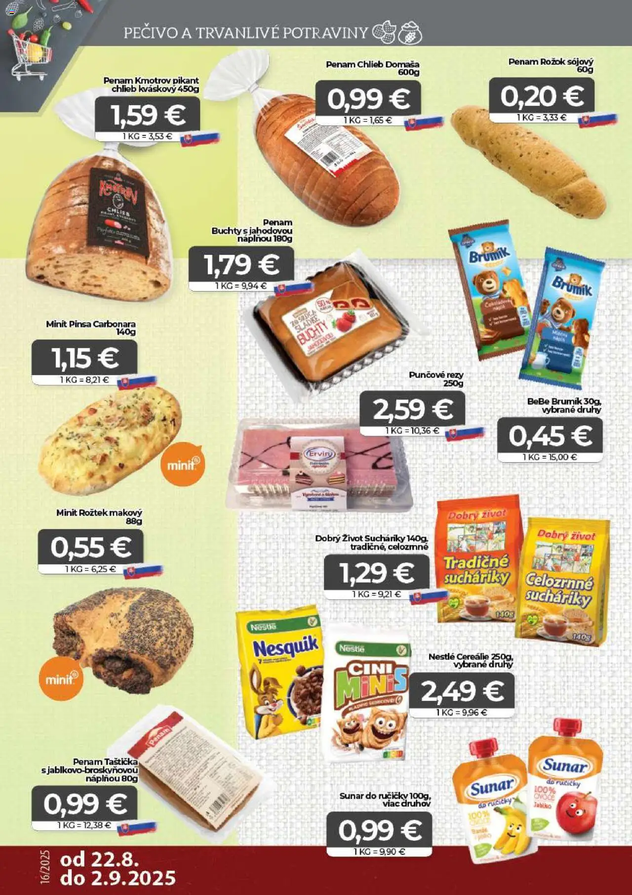 CBA Komfos Leták │ platný od 22.08.2025 | Strana: 8 | Produkty: Chlieb, Rožok, Sunar, Nesquik