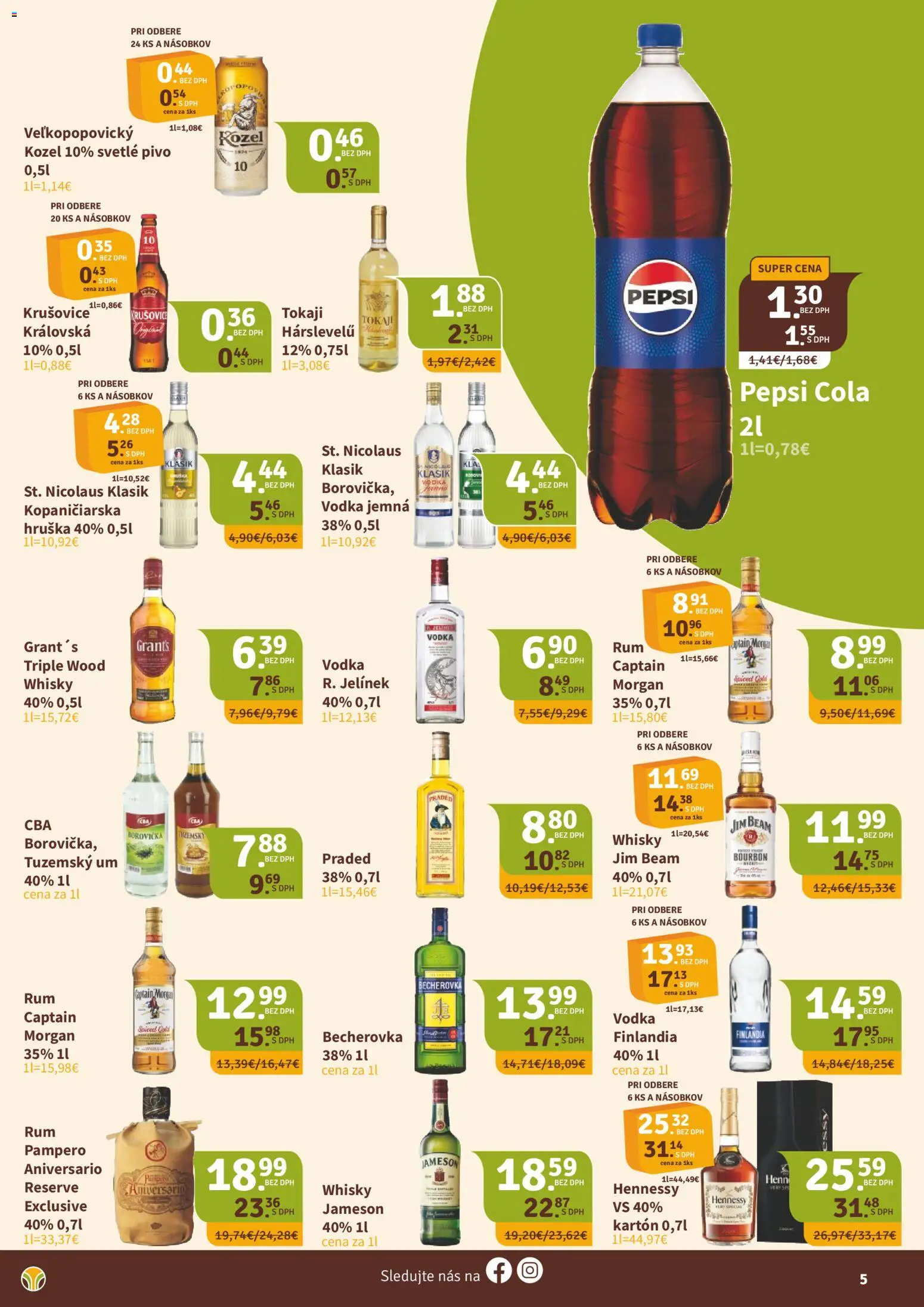 Nové Nitrazdroj akcie – leták je platný od 15.12.2025 | Strana: 5 | Produkty: Becherovka, Captain Morgan, Vodka, Pepsi