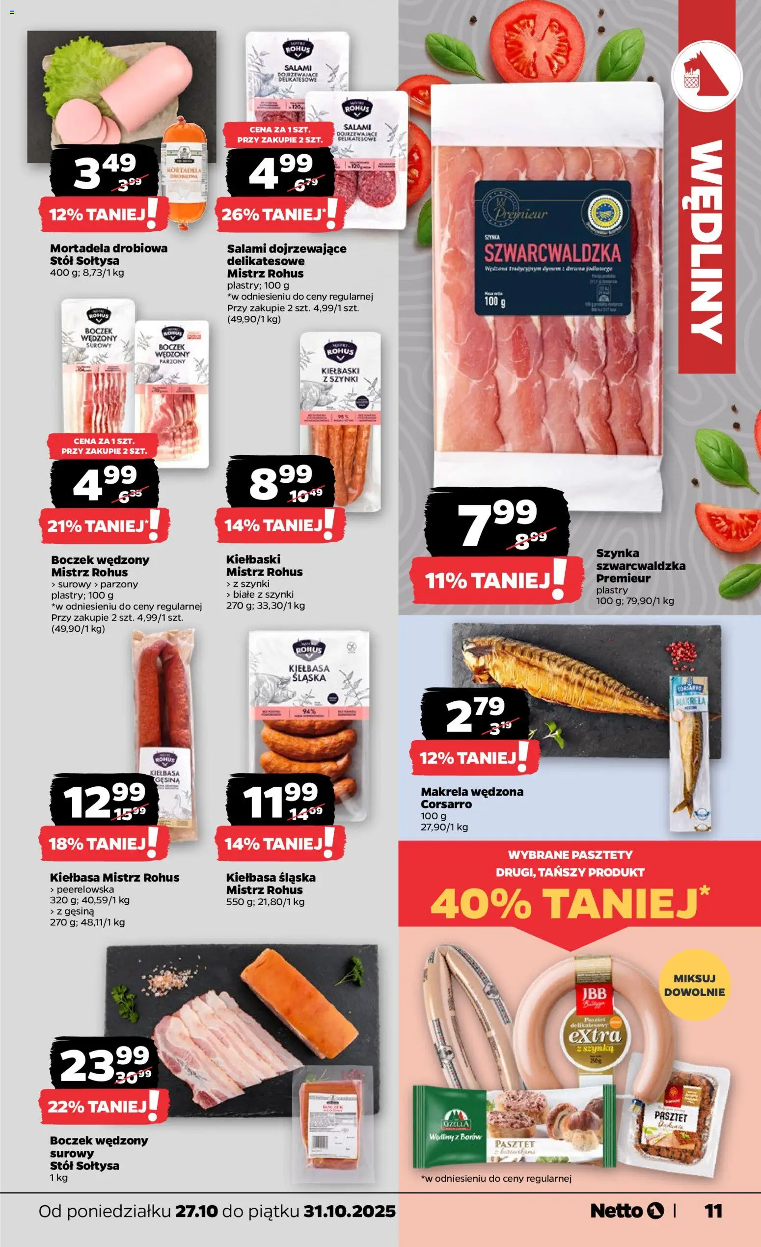Netto gazetka - Spożywcza od 27.10.2025 | Strona: 11 | Produkty: Makrela wędzona, Kiełbaski, Stół, Boczek