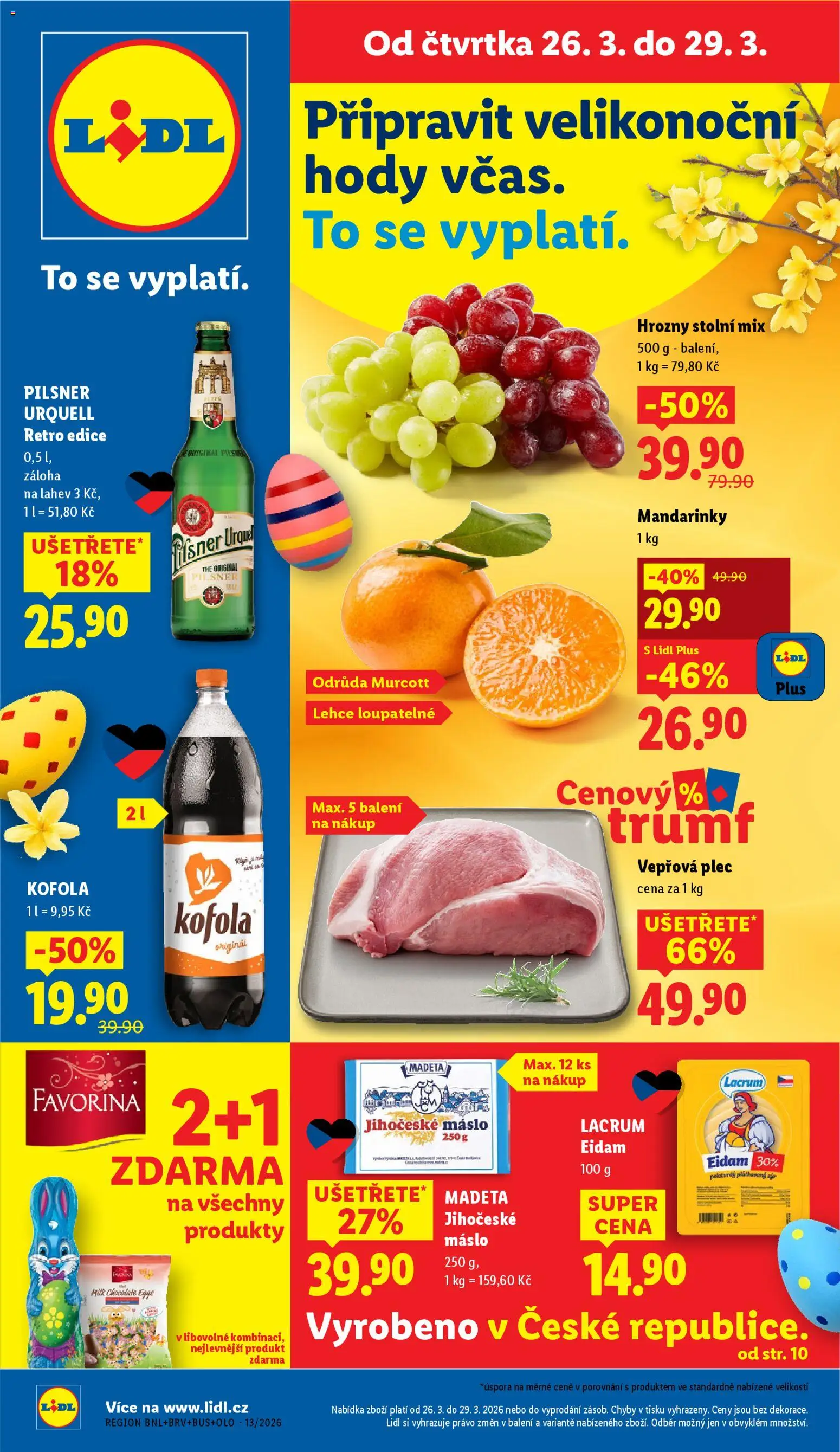 Lidl leták od 26.03.2026 | Strana: 1 | Produkty: Mandarinky, Pilsner, Vepřová plec, Jihočeské máslo