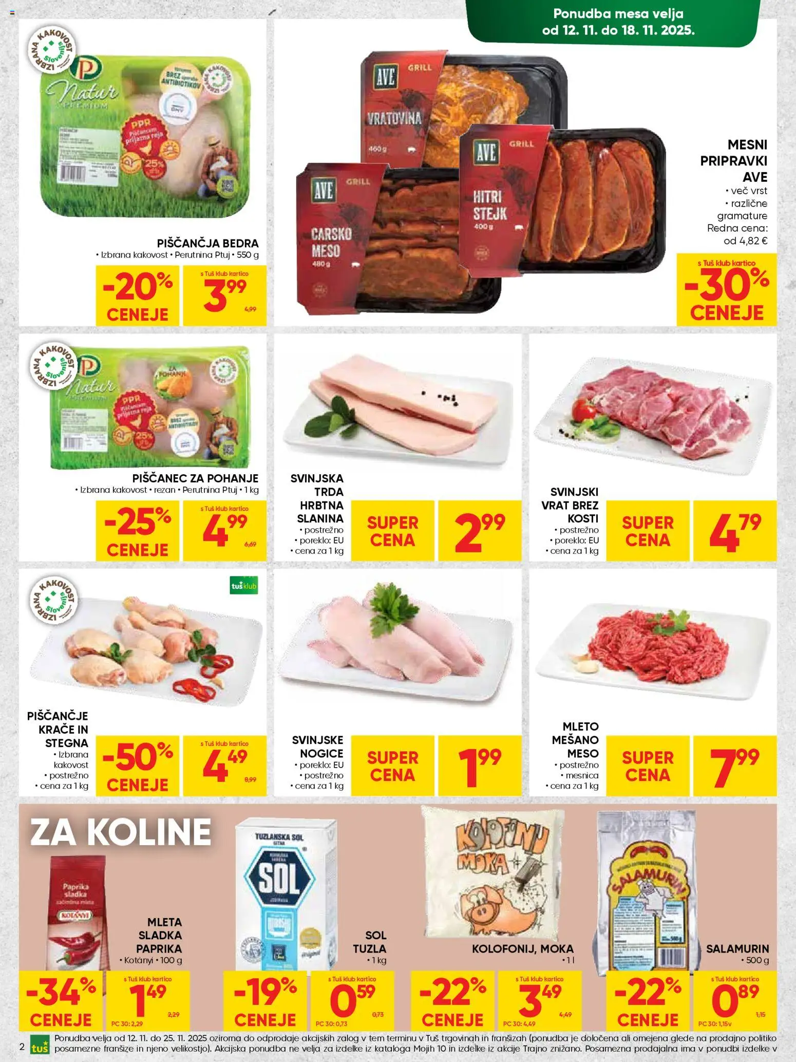 Novi Tuš katalog ponudbe – veljaven od 12.11.2025 | Stran: 2 | Izdelki: Moka, Vratovina, Piščančja bedra, Grill