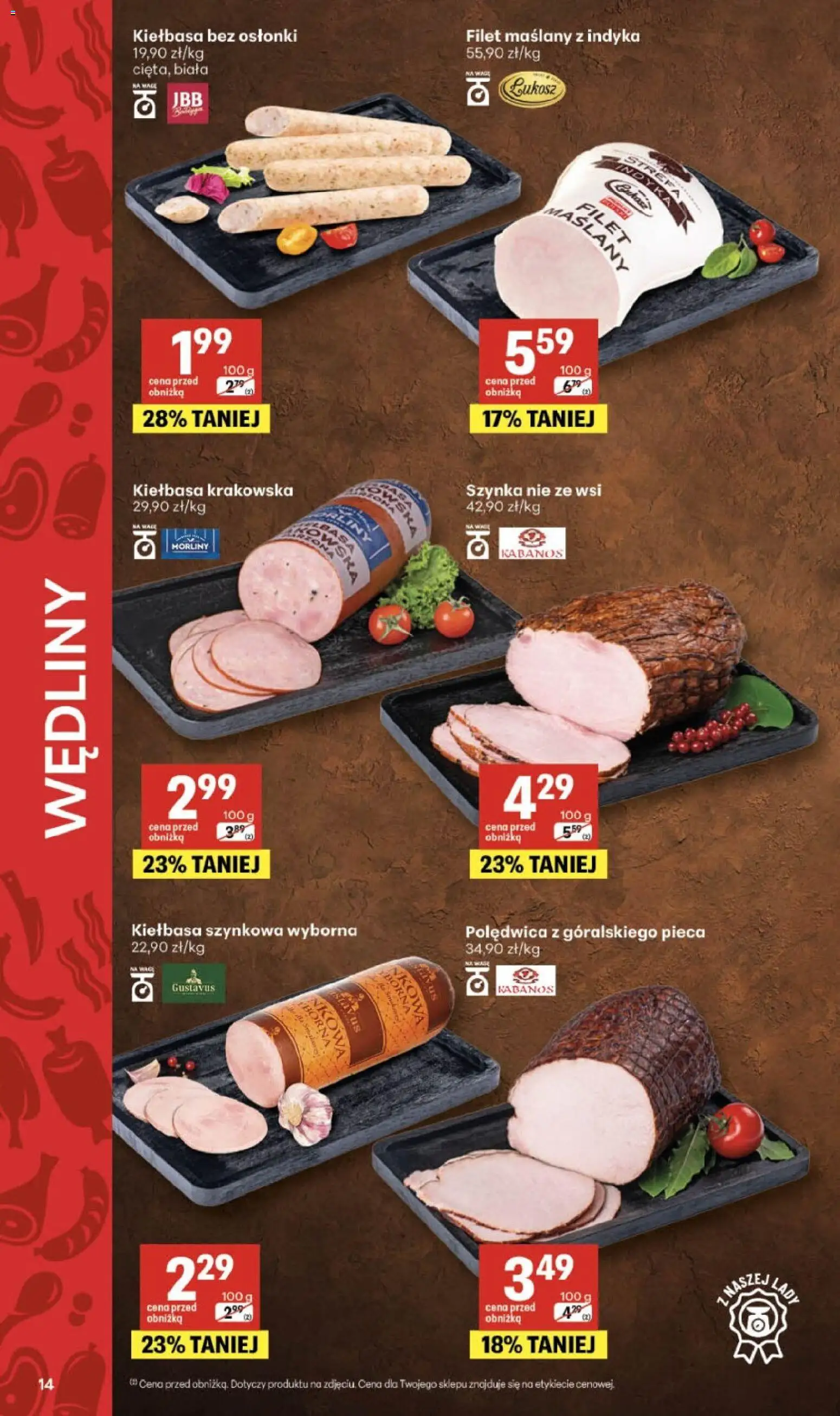 Delikatesy Centrum gazetka - Sklepy Własne od 16.04.2026 | Strona: 14 | Produkty: Kiełbasa, Szynka, Kiełbasa krakowska, Wędliny