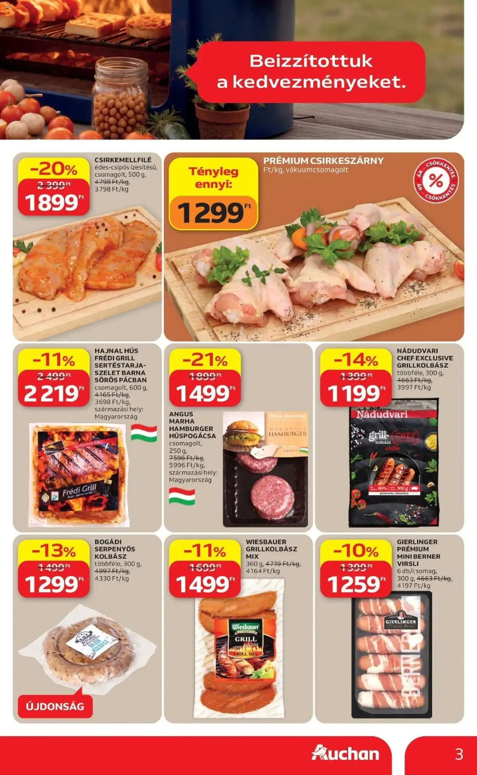 Auchan akciós ujság - amely érvényes a következő dátumtól: 16.04.2026 | Oldal: 3 | Termékek: Sertéstarja, Hamburger, Grillkolbász, Grill