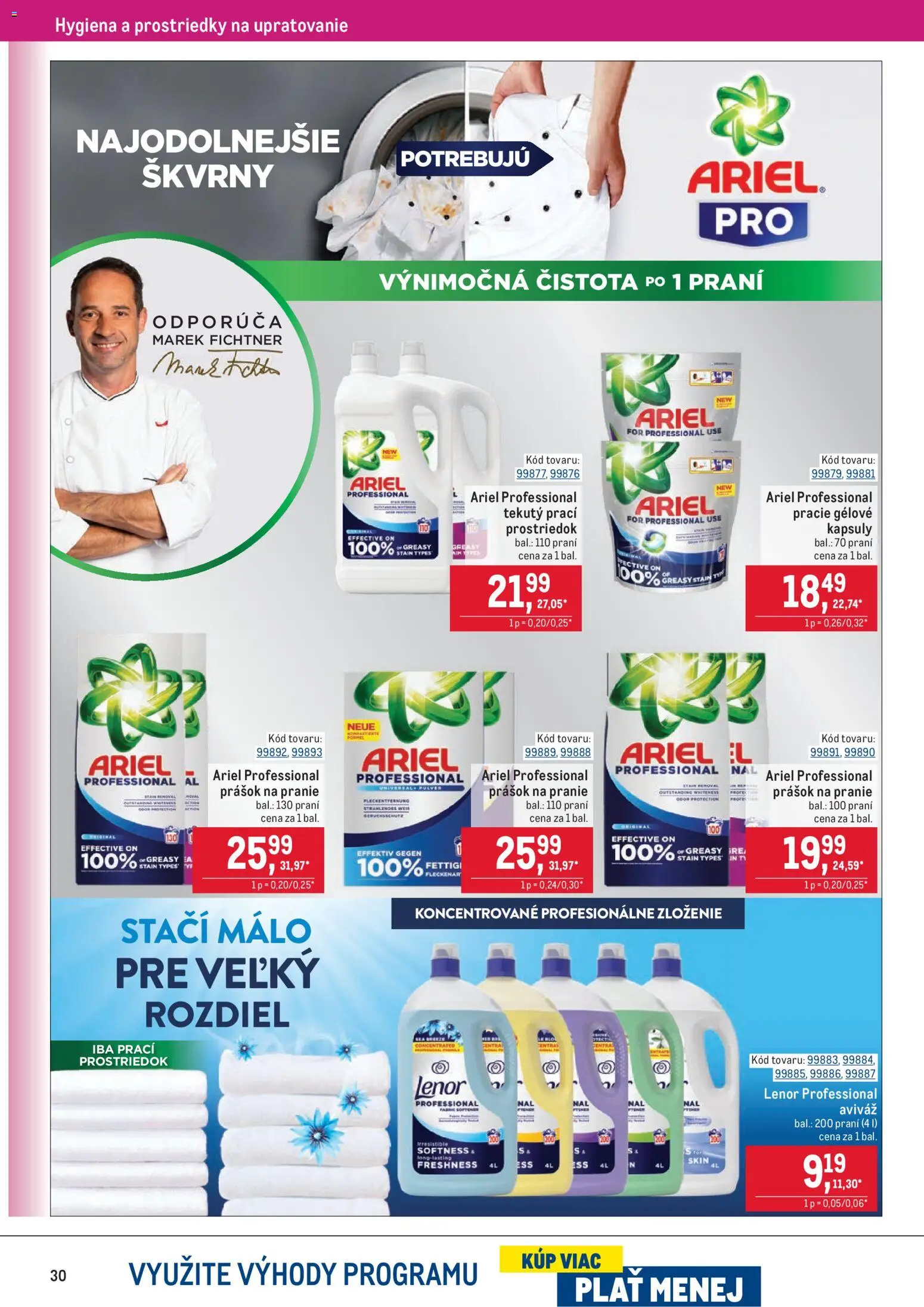 Nové Metro akcie – leták je platný od 19.11.2025 | Strana: 30 | Produkty: Prášok na pranie, Aviváž, Ariel, Lenor