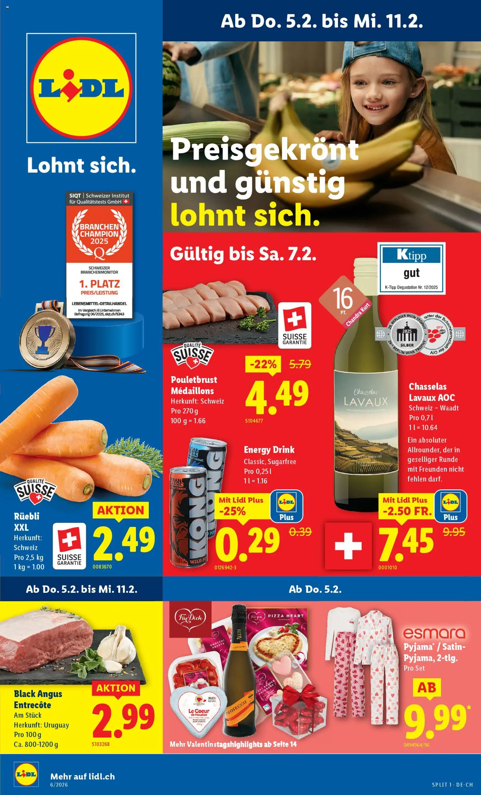 Lidl Aktionen – gültig ab 05.02.2026 | Seite: 1 | Produkte: Pouletbrust, Pizza, Wein