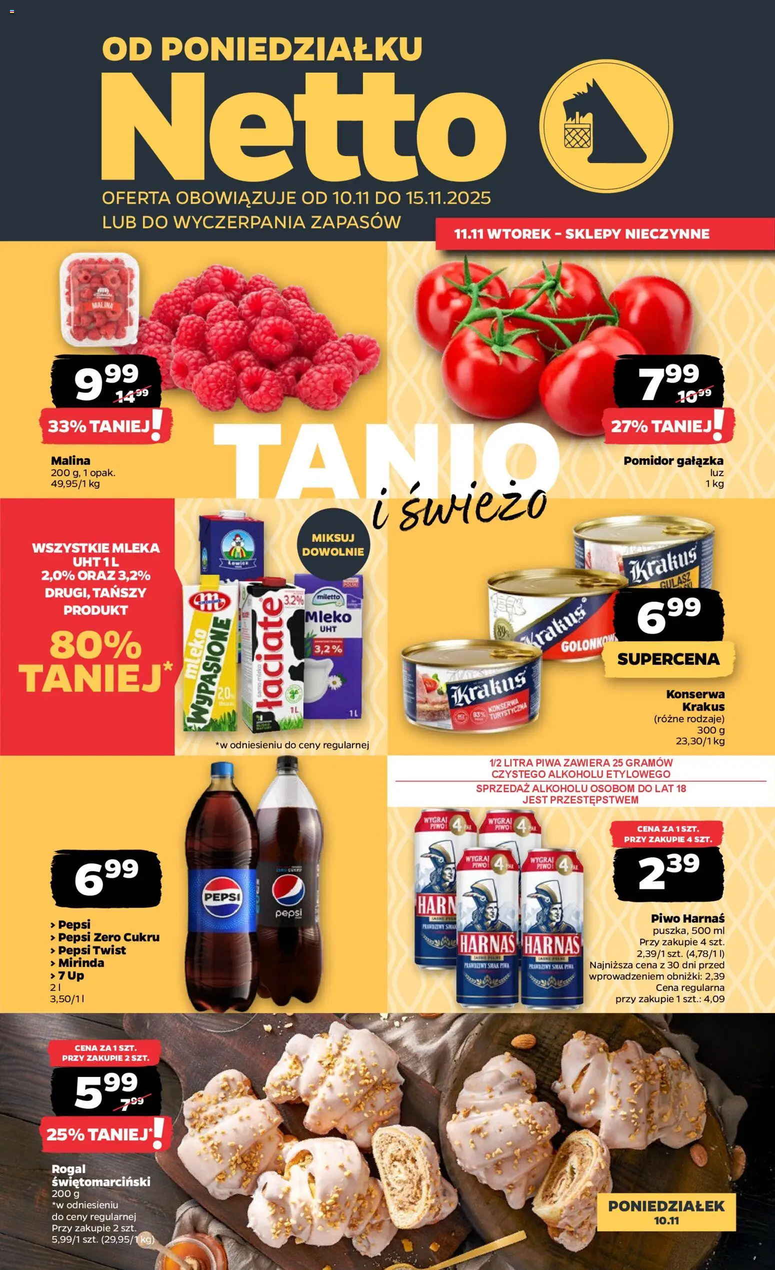 Netto gazetka - Spożywcza od 10.11.2025 | Strona: 1 | Produkty: Malina, Pepsi, Harnaś, Piwo