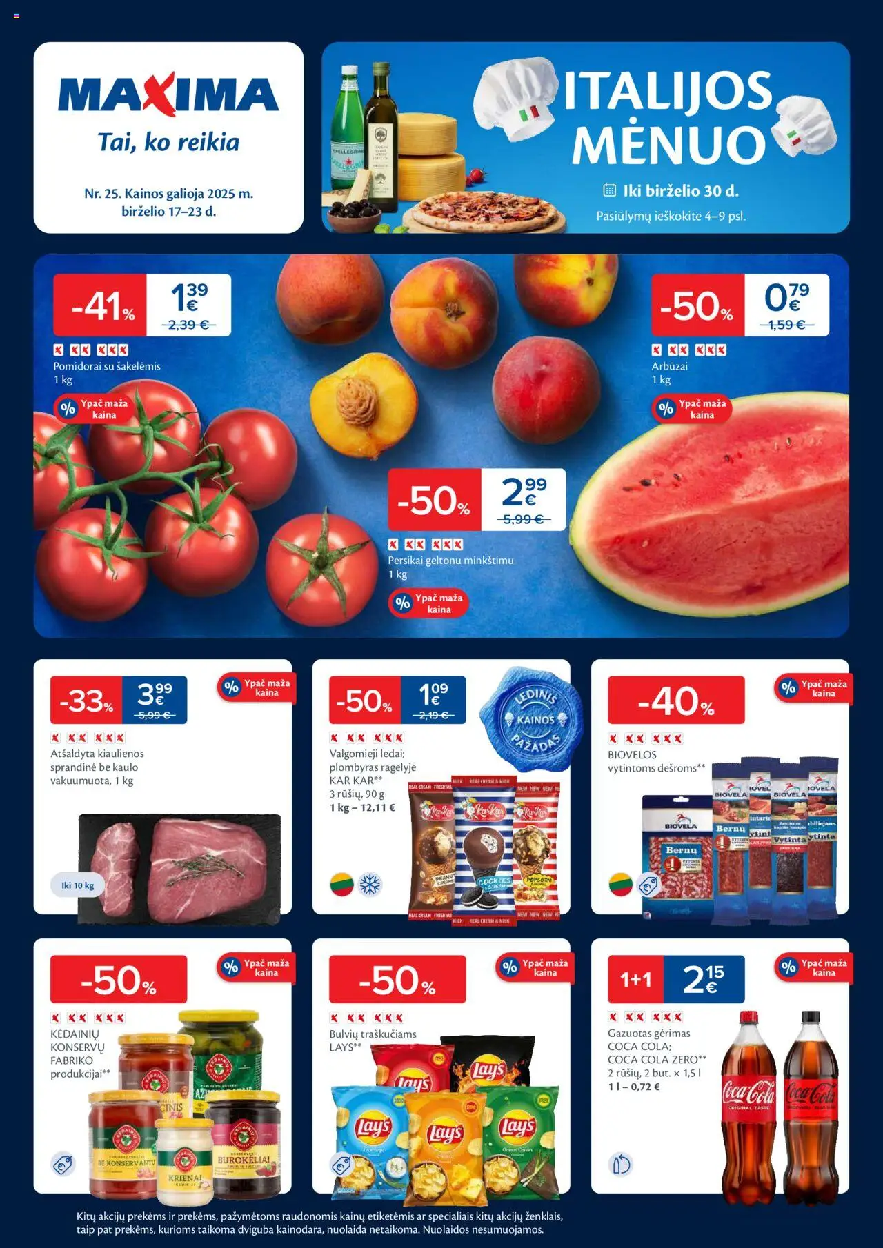 MAXIMA leidinys│galioja nuo 17.06.2025 | Puslapis: 1 | Prekių: Kiaulienos, Plombyras, Pomidorai