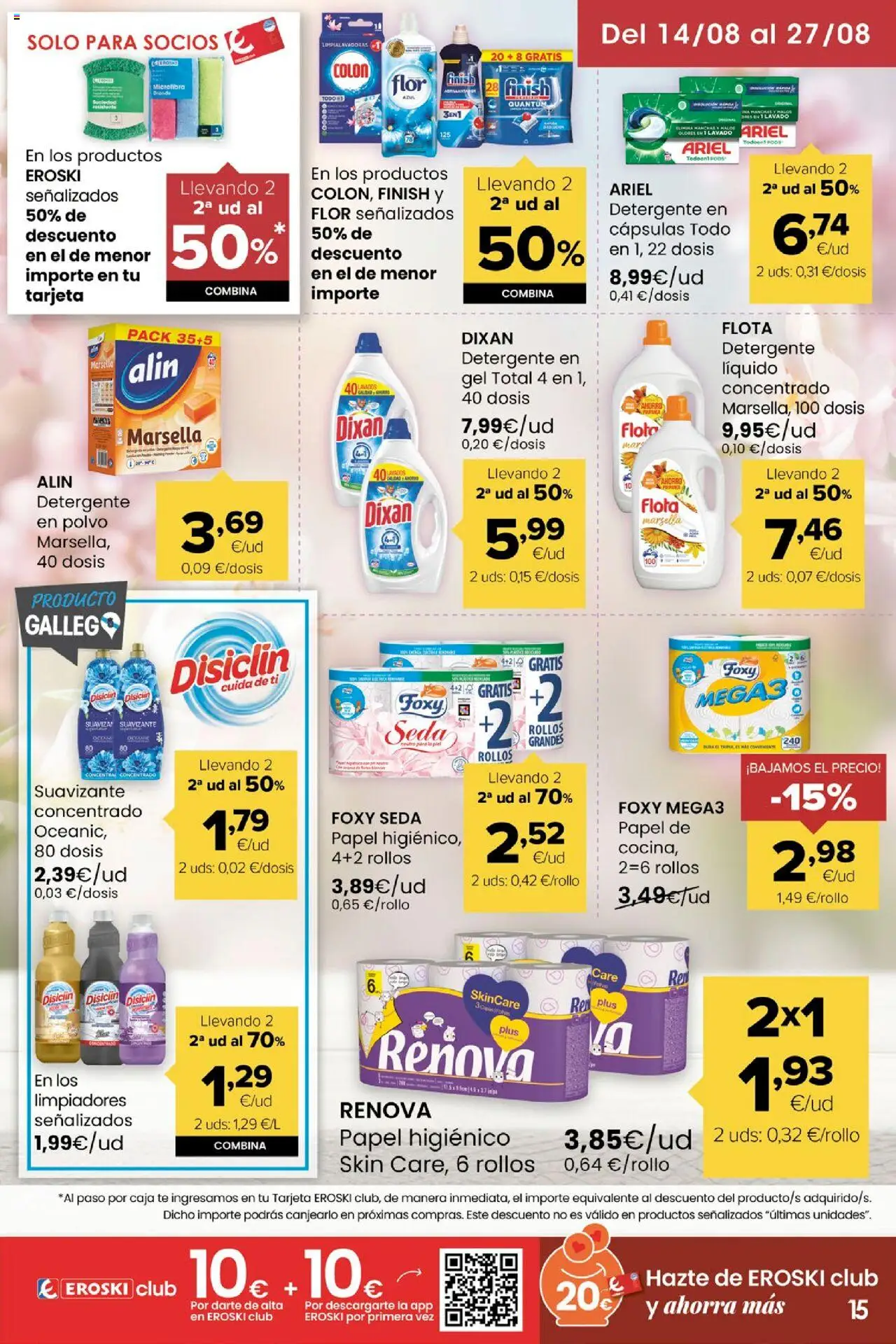 Eroski - Miramos por ti │ válido desde el 14.08.2025 | Página: 15 | Productos: Detergente, Papel higienico, Té, Caja