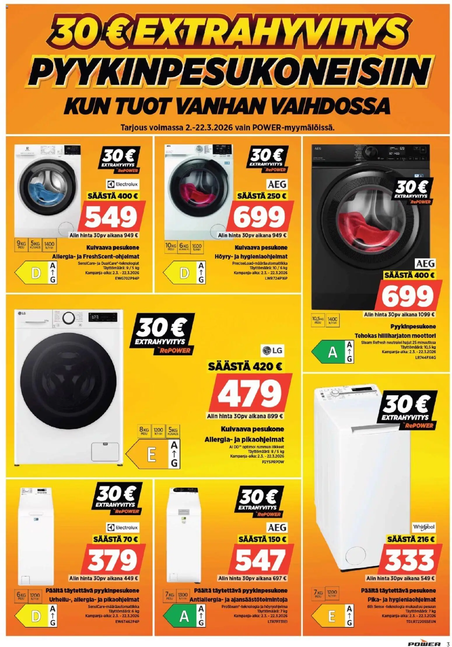 Power tarjoukset – voimassa 09.03.2026 alkaen | Sivu: 3 | Tuotteet: Pesukone, Kuivaava pesukone