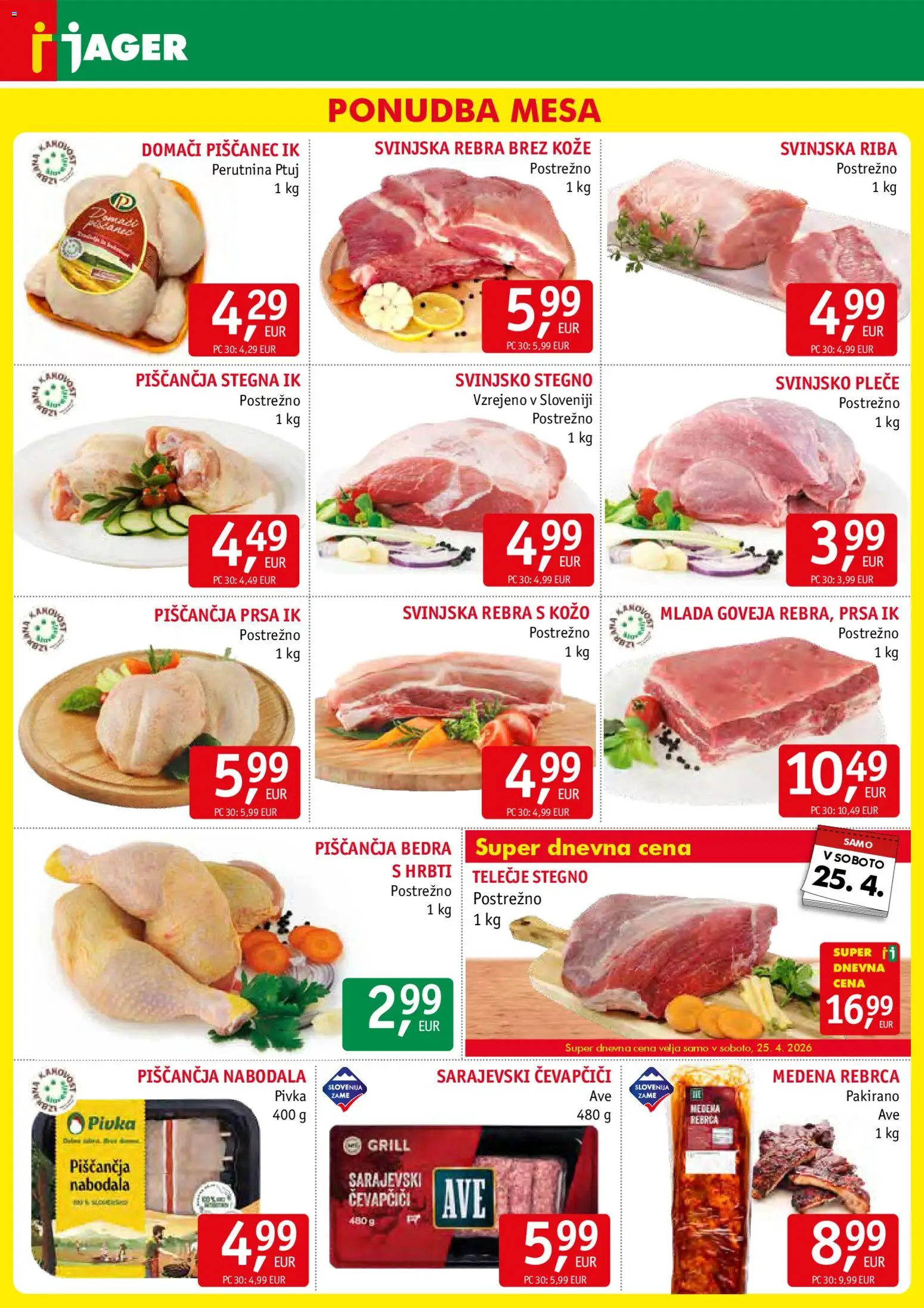 Novi Jager katalog ponudbe – veljaven od 22.04.2026 | Stran: 3 | Izdelki: Rebrca, Čevapčiči, Piščančja bedra, Grill