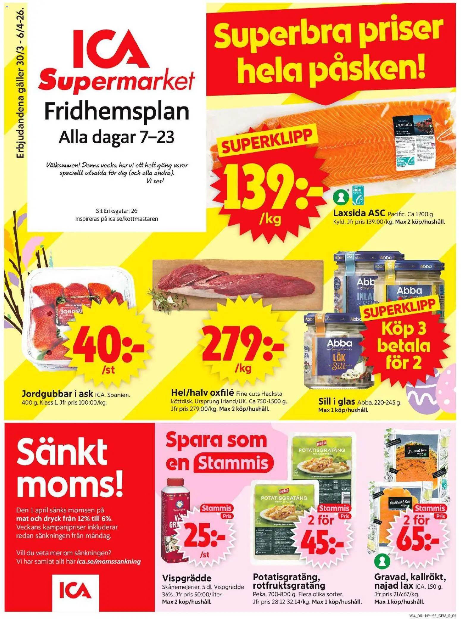 ICA Supermarket reklamblad aktuell från 30.03.2026 | Sida: 1 | Produkter: Galler, Potatisgratäng, Jordgubbar, Vispgrädde