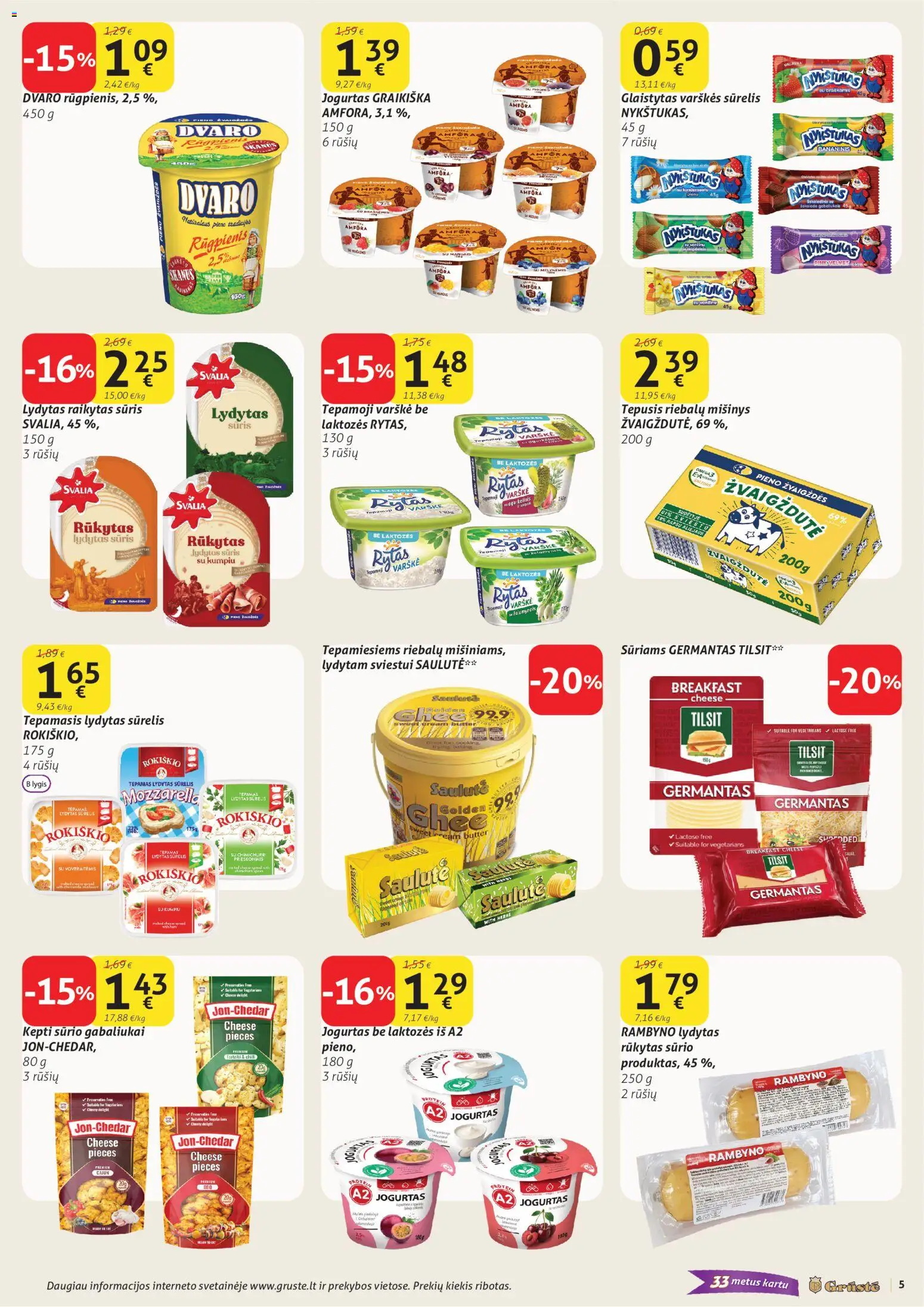 GRUSTE akcijos nuo 11.04.2026 | Puslapis: 5 | Prekių: Sūrelis, Jogurtas, Varškė, Lydytas sūris
