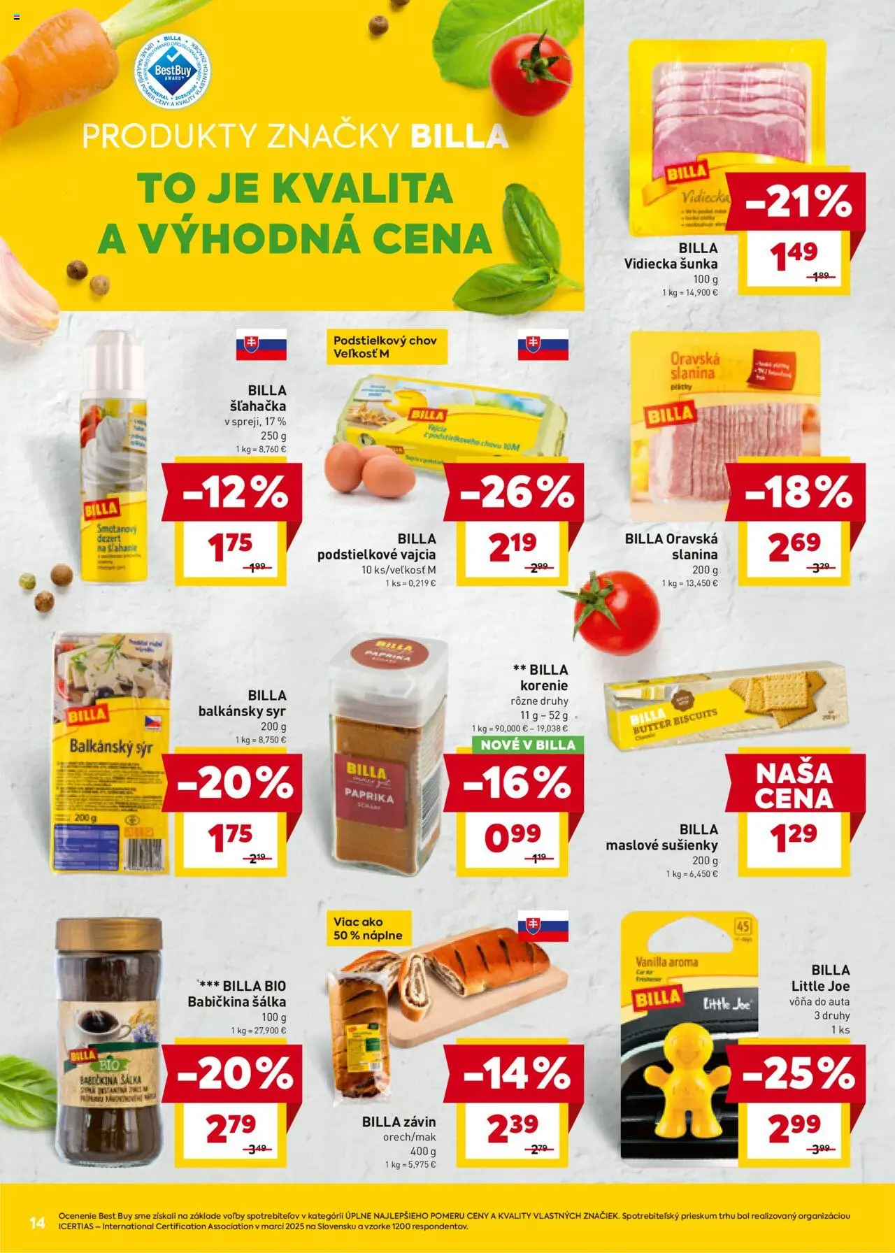 Billa leták │ platný od 27.08.2025 | Strana: 14 | Produkty: Vajcia, Šunka, Slanina, Šľahačka