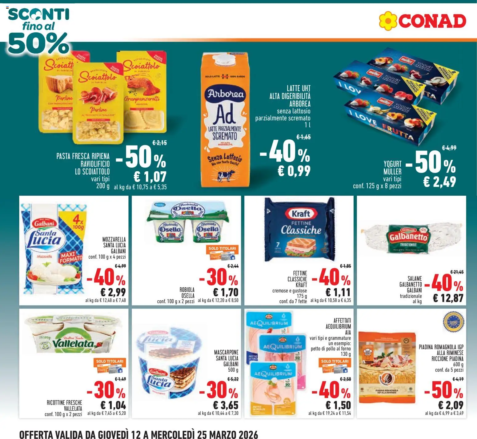 Volantino Conad del 12.03.2026 | Pagina: 2 | Prodotti: Petto di Pollo, Yogurt, Frutta, Latte parzialmente scremato