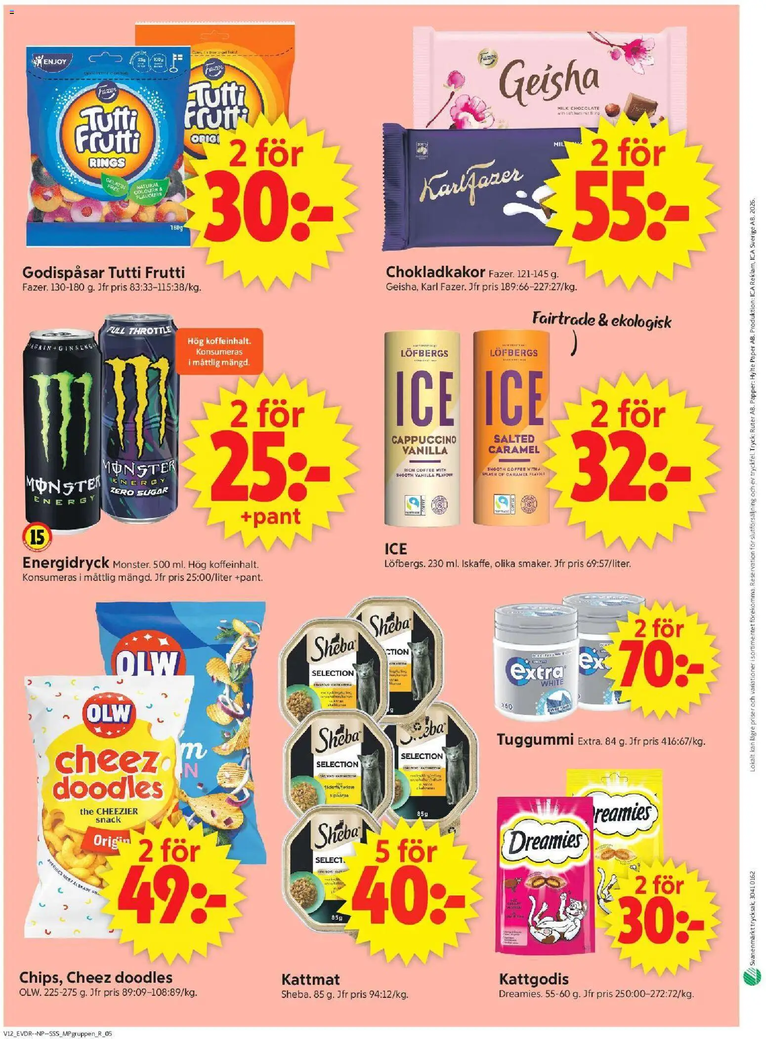 ICA Supermarket reklamblad aktuell från 16.03.2026 | Sida: 12 | Produkter: Energidryck, Papper, Tuggummi, Kattmat