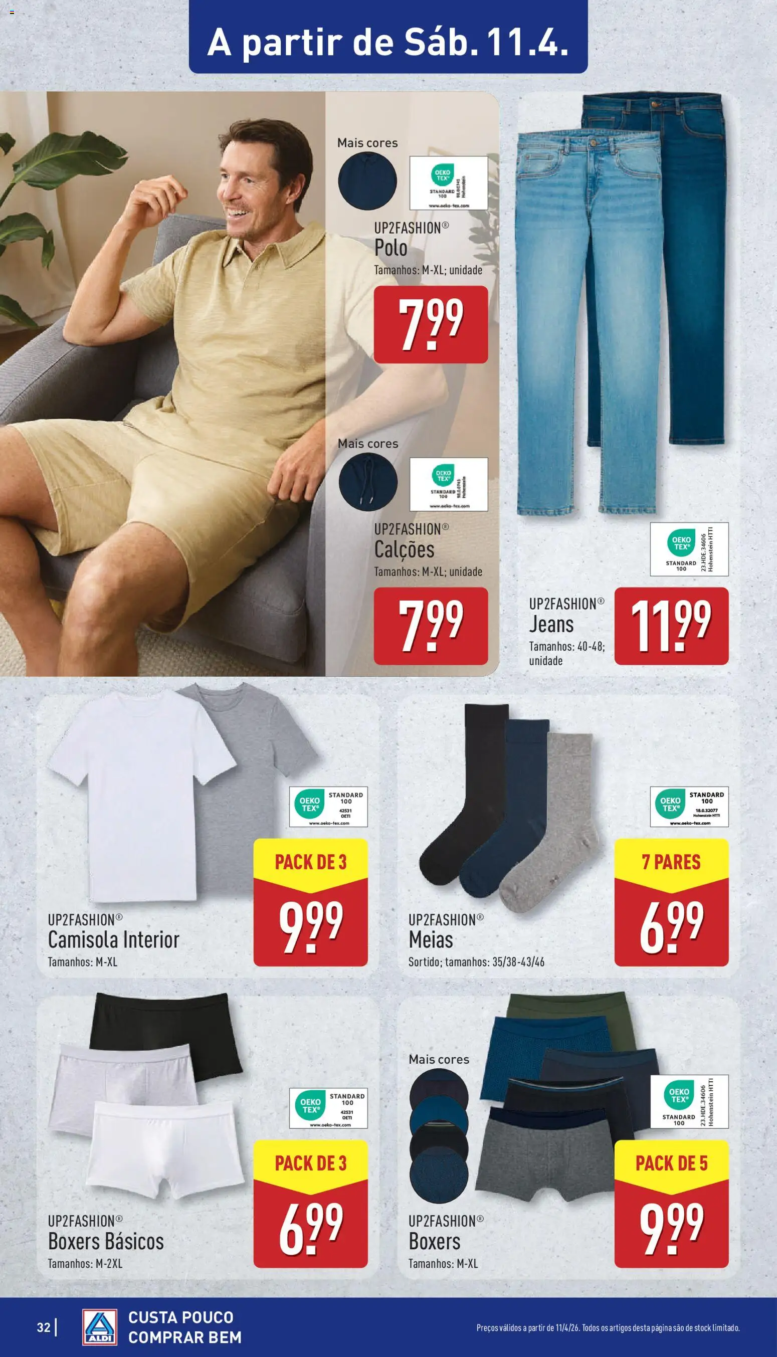 Aldi folheto │ válido de 06.04.2026 | Página: 32 | Produtos: Jeans, Calções, Camisola, Meias