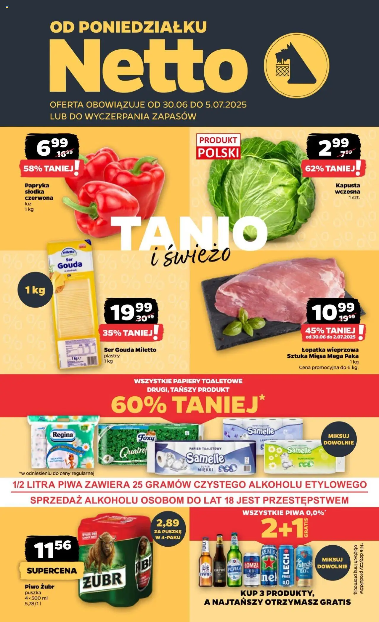 Netto gazetka - Spożywcza od 30.06.2025 | Strona: 1 | Produkty: Piwo żubr, Ser, Piwo, Ser gouda