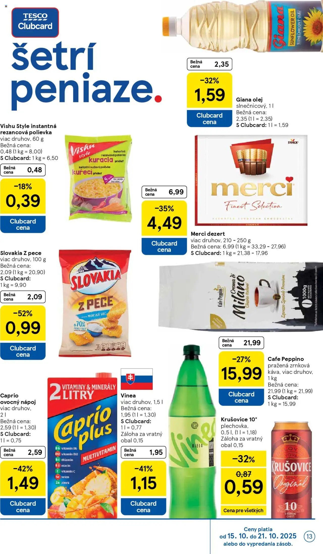 Nové Tesco akcie – leták je platný od 15.10.2025 | Strana: 13 | Produkty: Olej, Merci, Krušovice, Soľ