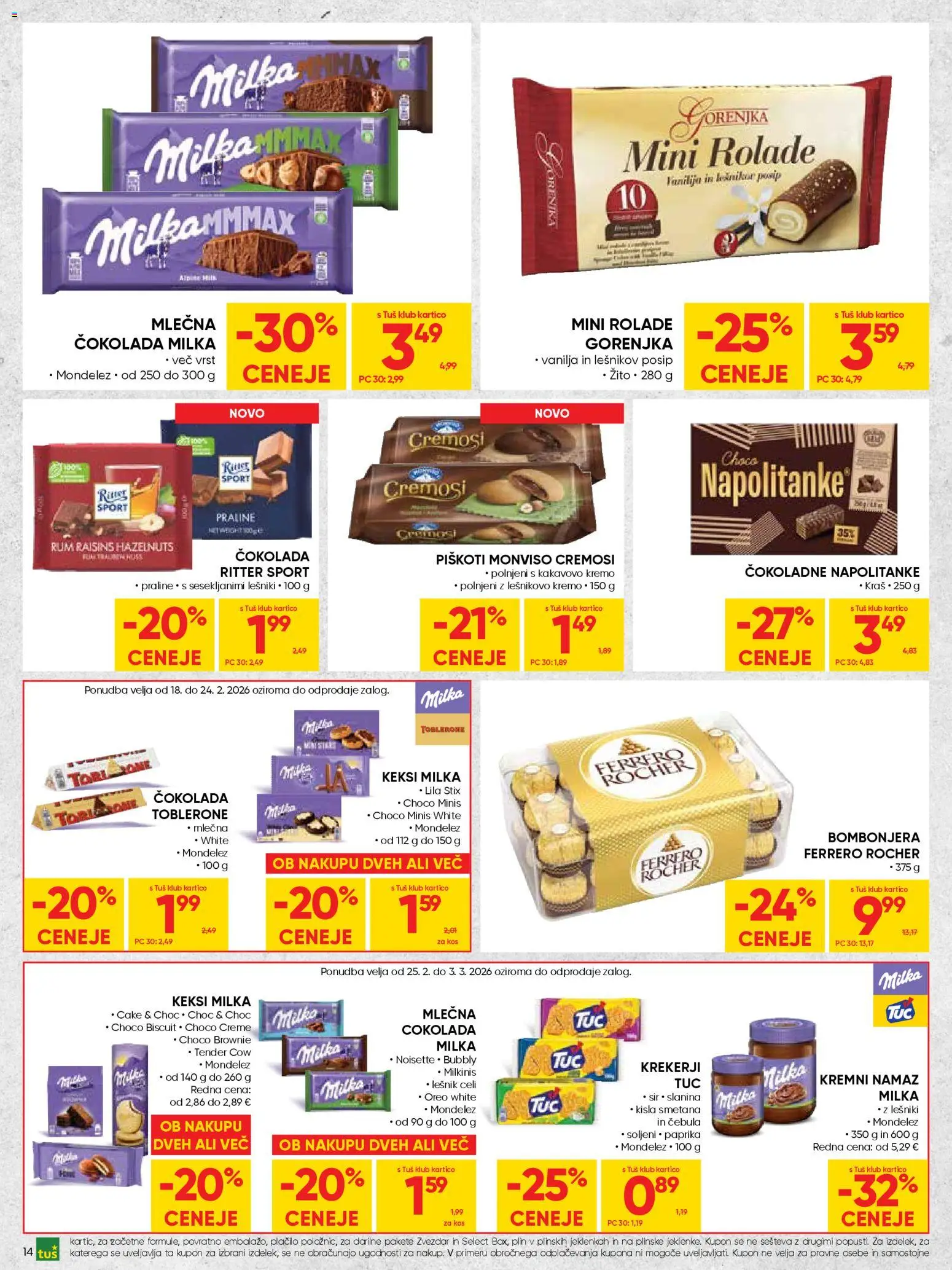 Novi Tuš katalog ponudbe – veljaven od 18.02.2026 | Stran: 14 | Izdelki: Paprika, Cokolada, Piskoti, Cebula