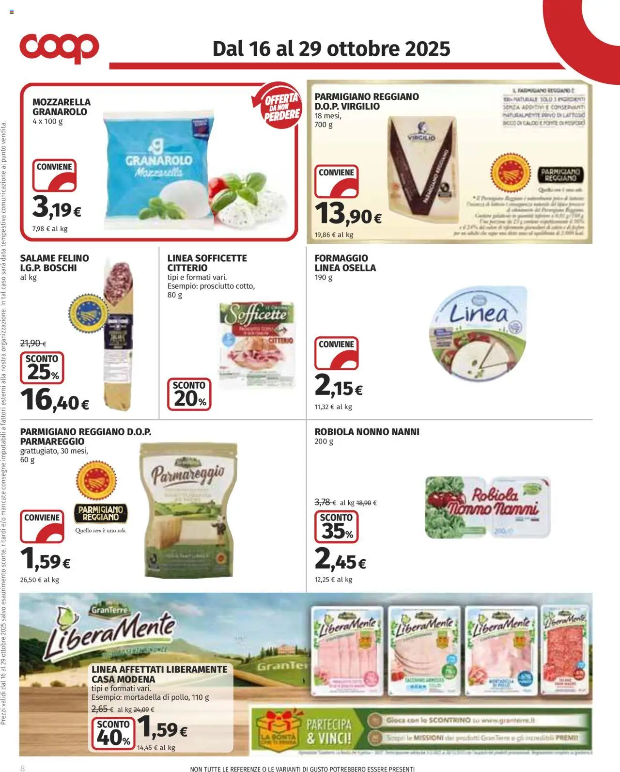 Volantino COOP del 16.10.2025 | Pagina: 8 | Prodotti: Tonno, Mortadella, Parmigiano reggiano, Robiola