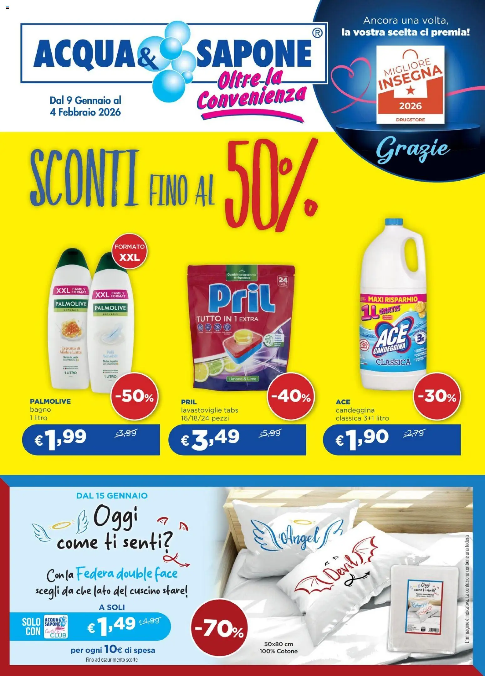 Volantino Acqua e Sapone del 09.01.2026 | Pagina: 1 | Prodotti: Sapone, Lime, Lavastoviglie, Bagno