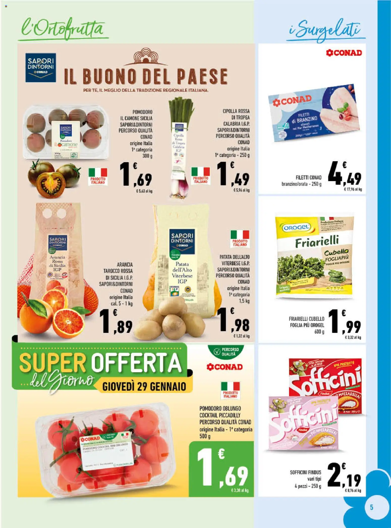 Volantino Conad del 28.01.2026 | Pagina: 5 | Prodotti: Branzino, Pomodoro, Arancia, Friarielli