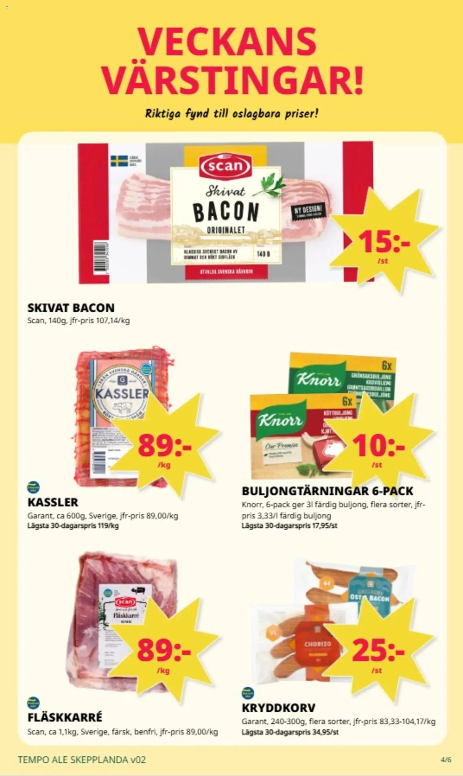 Tempo reklamblad aktuell från 05.01.2026 | Sida: 4 | Produkter: Bacon, Kassler, Köttbuljong, Chorizo