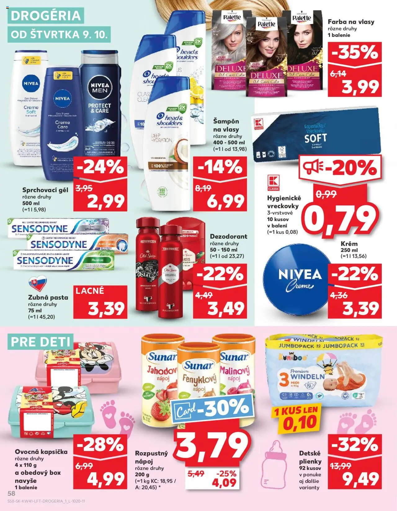 Nové Kaufland akcie – leták je platný od 09.10.2025 | Strana: 58 | Produkty: Nivea, Old Spice, Zubná pasta, Plienky