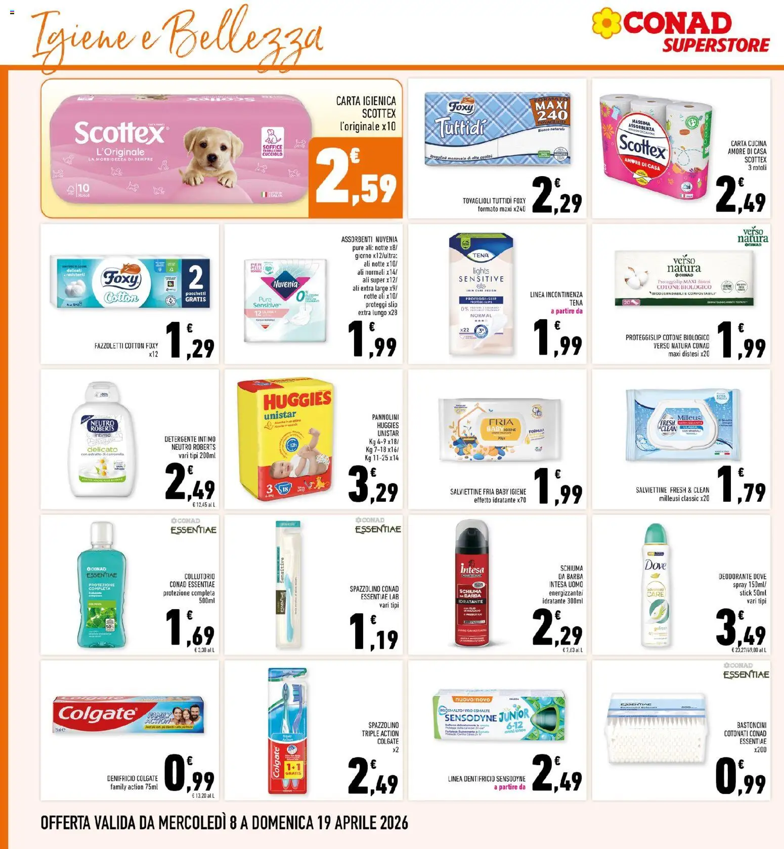 Volantino Conad del 08.04.2026 | Pagina: 28 | Prodotti: Pannolini, Proteggi slip, Detergente intimo, Detergente