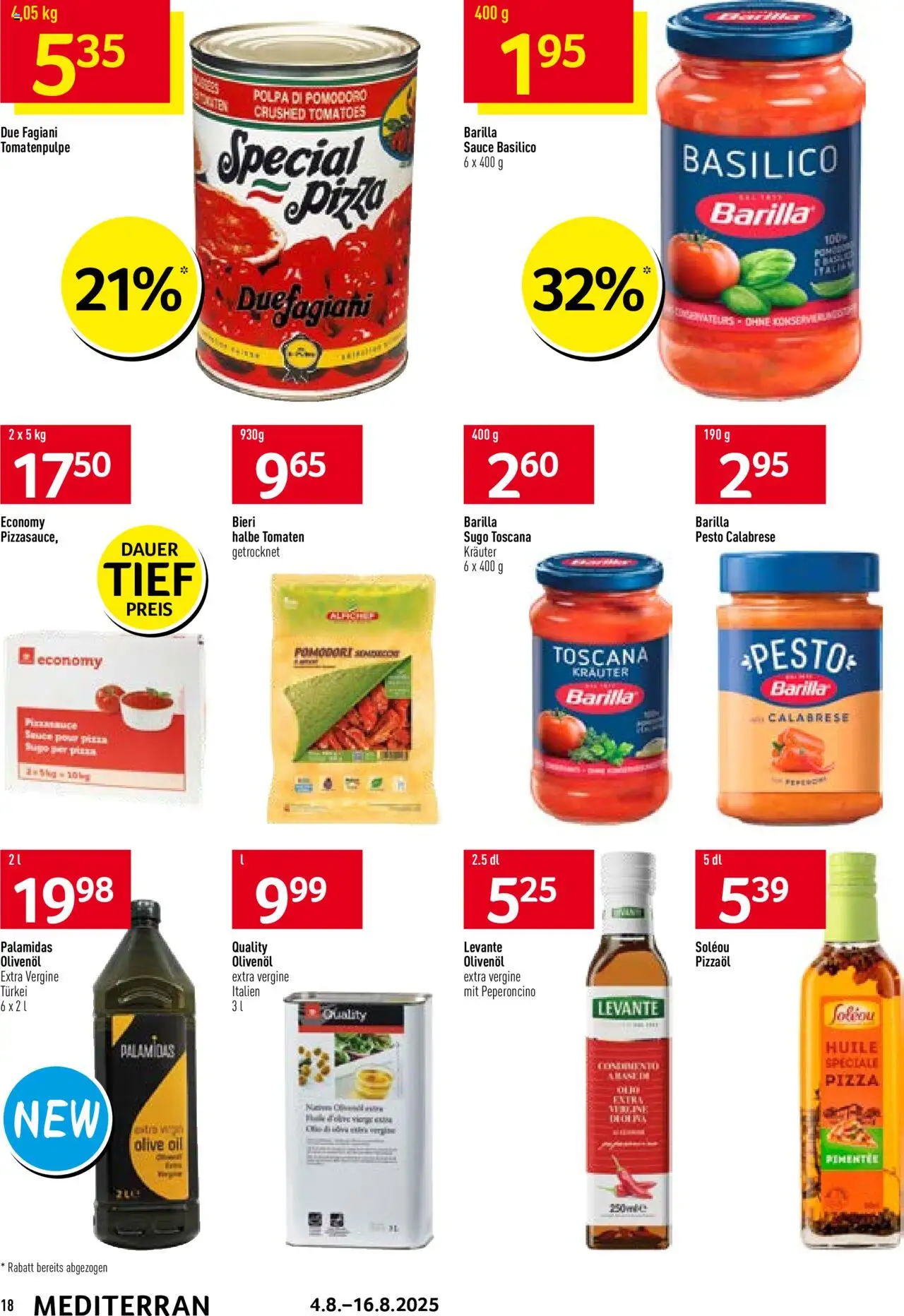 Prodega Aktionen Mediterran ab 04.08.2025 | Seite: 18 | Produkte: Barilla, Pizza, Tomaten