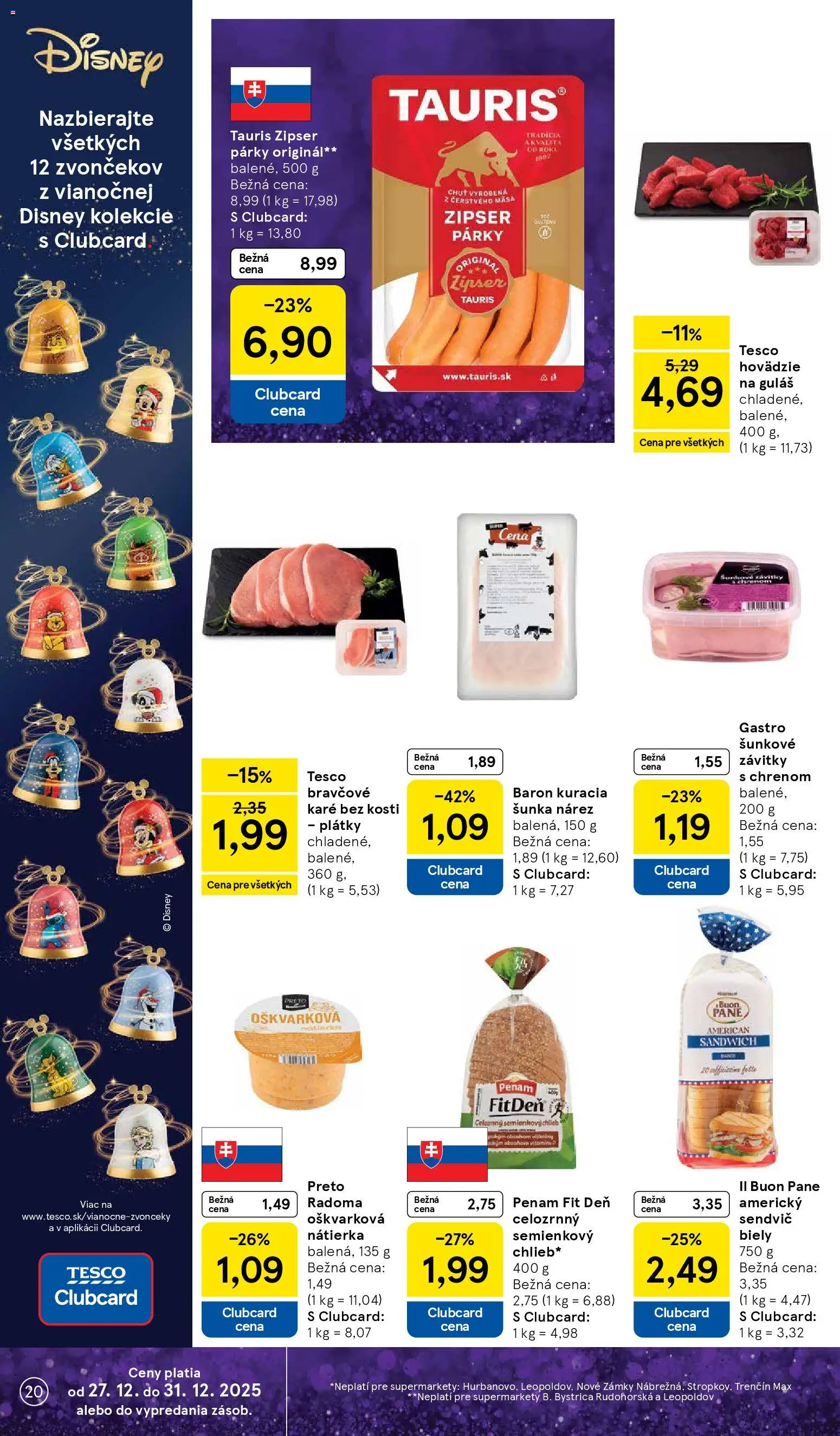 Nové Tesco akcie – leták je platný od 27.12.2025 | Strana: 20 | Produkty: Šunka, Párky, Bravčové karé, Sendvič