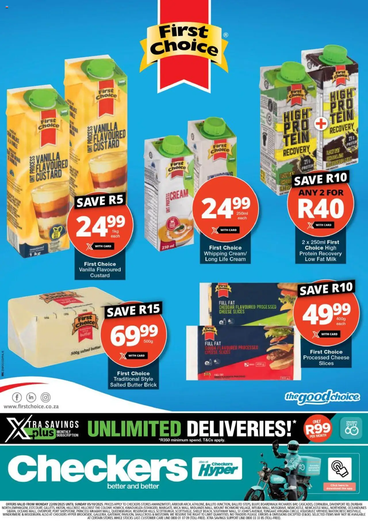 New Checkers catalogue – valid from 22.09.2025 | Page: 1 | Products: Custard, Detergente líquido, Milk, Cheese